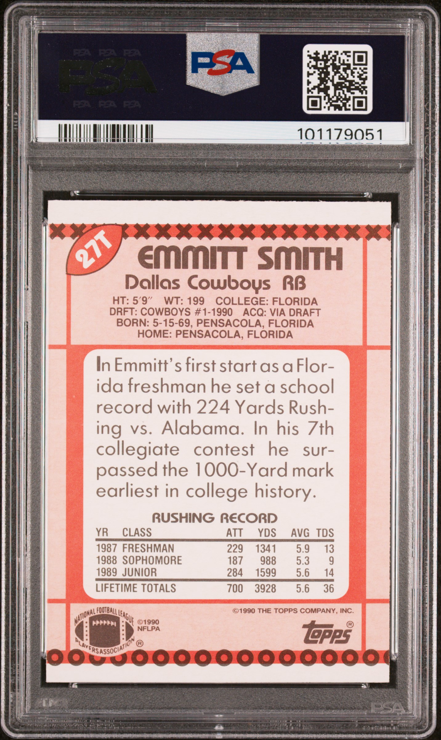1990 Topps Traded Emmitt Smith #27T Mint 9 back