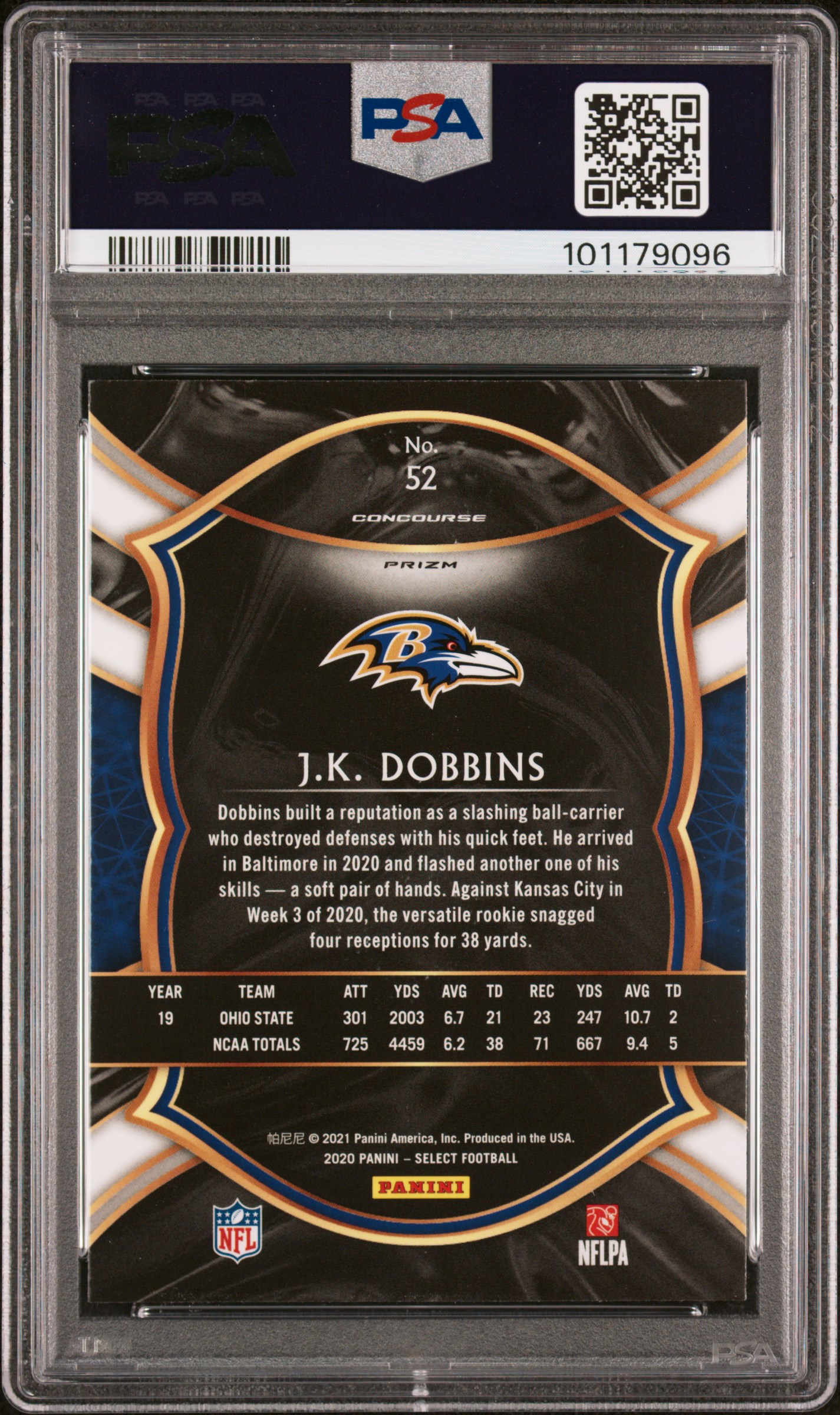 2020 Panini Select J.k. Dobbins #52 (Cosmic Prizm) Gem Mt 10 back