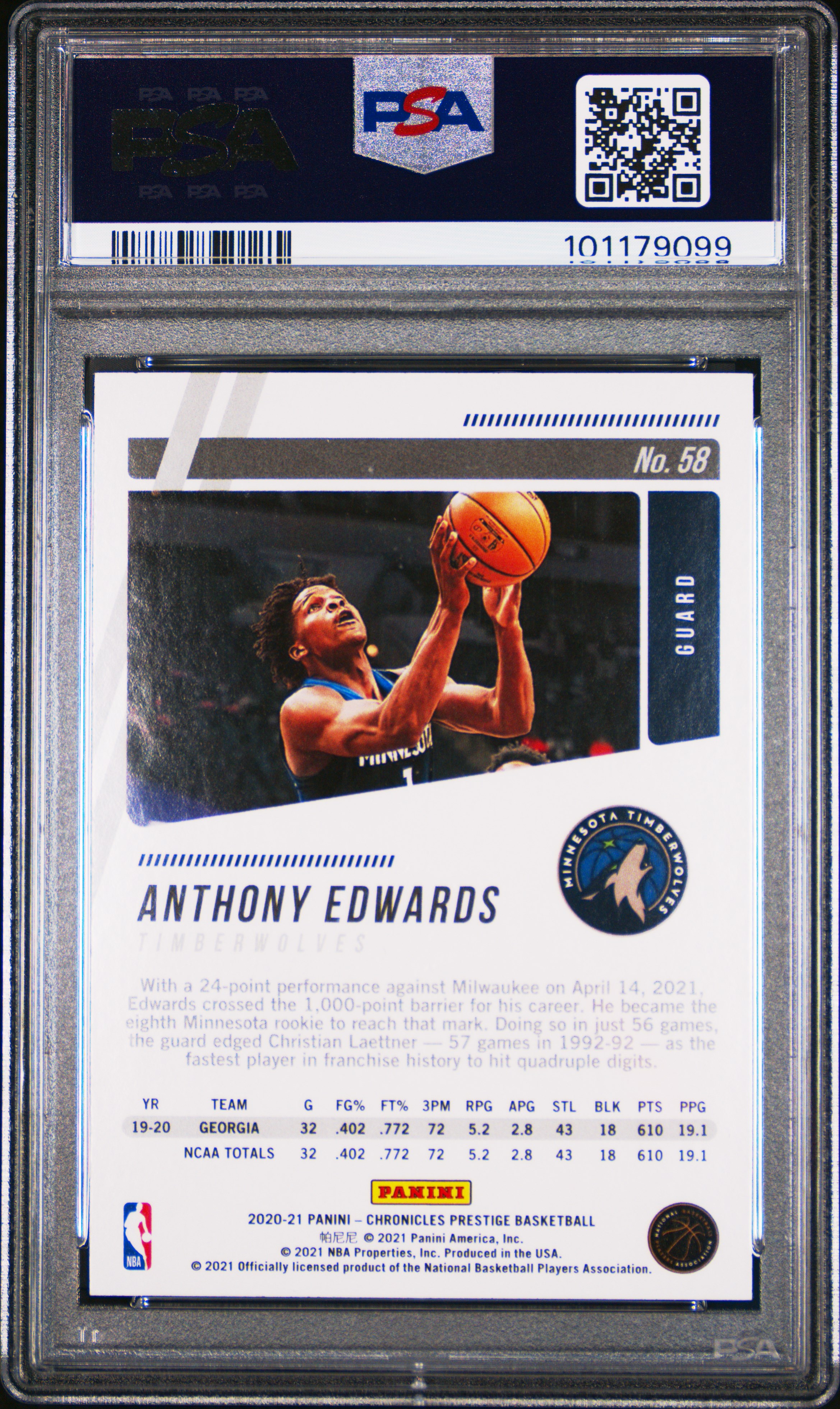 2020 Panini Chronicles Anthony Edwards #58 (Green Ice) Gem Mt 10 back