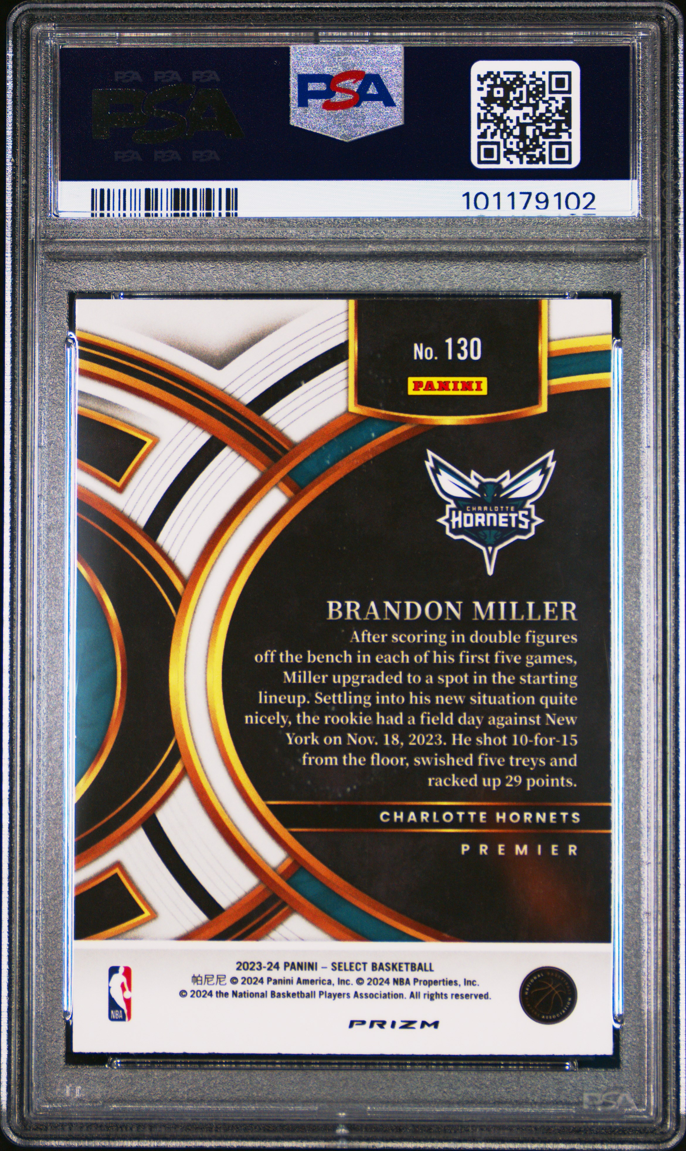 2023 Panini Select Brandon Miller #130 (Silver Prizm) Mint 9 back