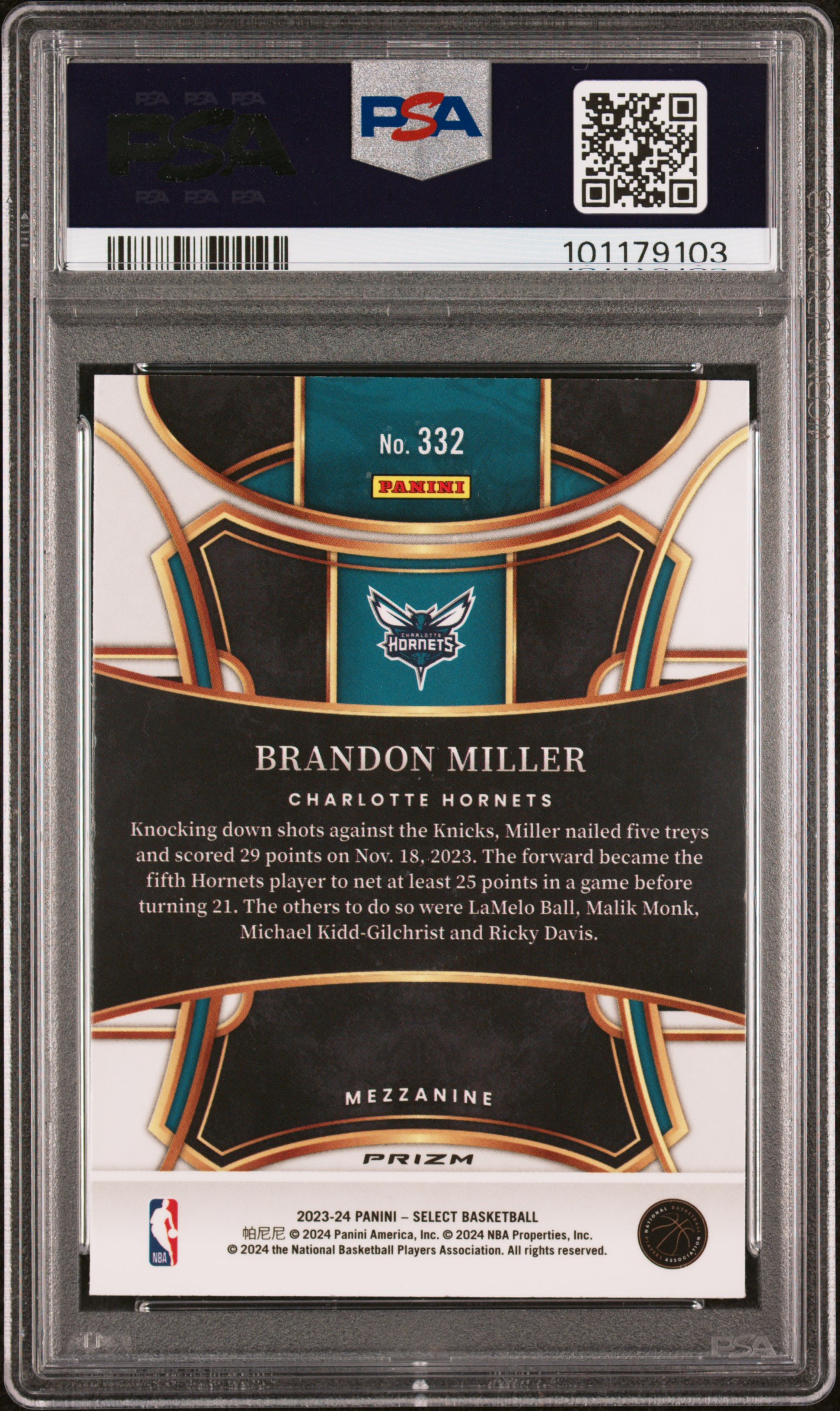 2023 Panini Select Brandon Miller #332 (Green Ice) Nm 7 back