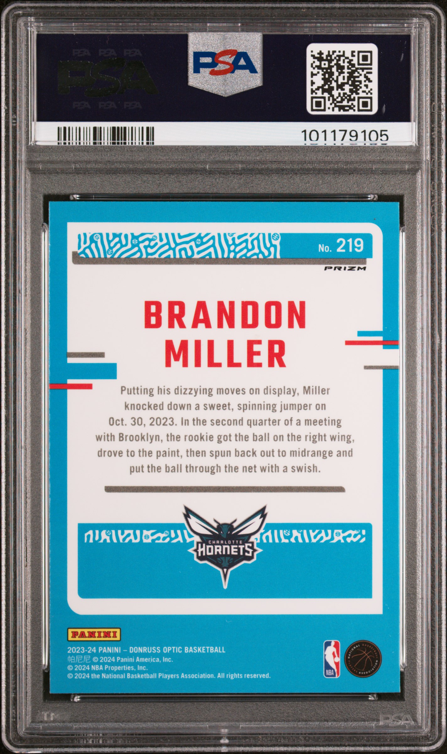 2023 Panini Donruss Optic Brandon Miller #219 (Fast Break Holo) Gem Mt 10 back