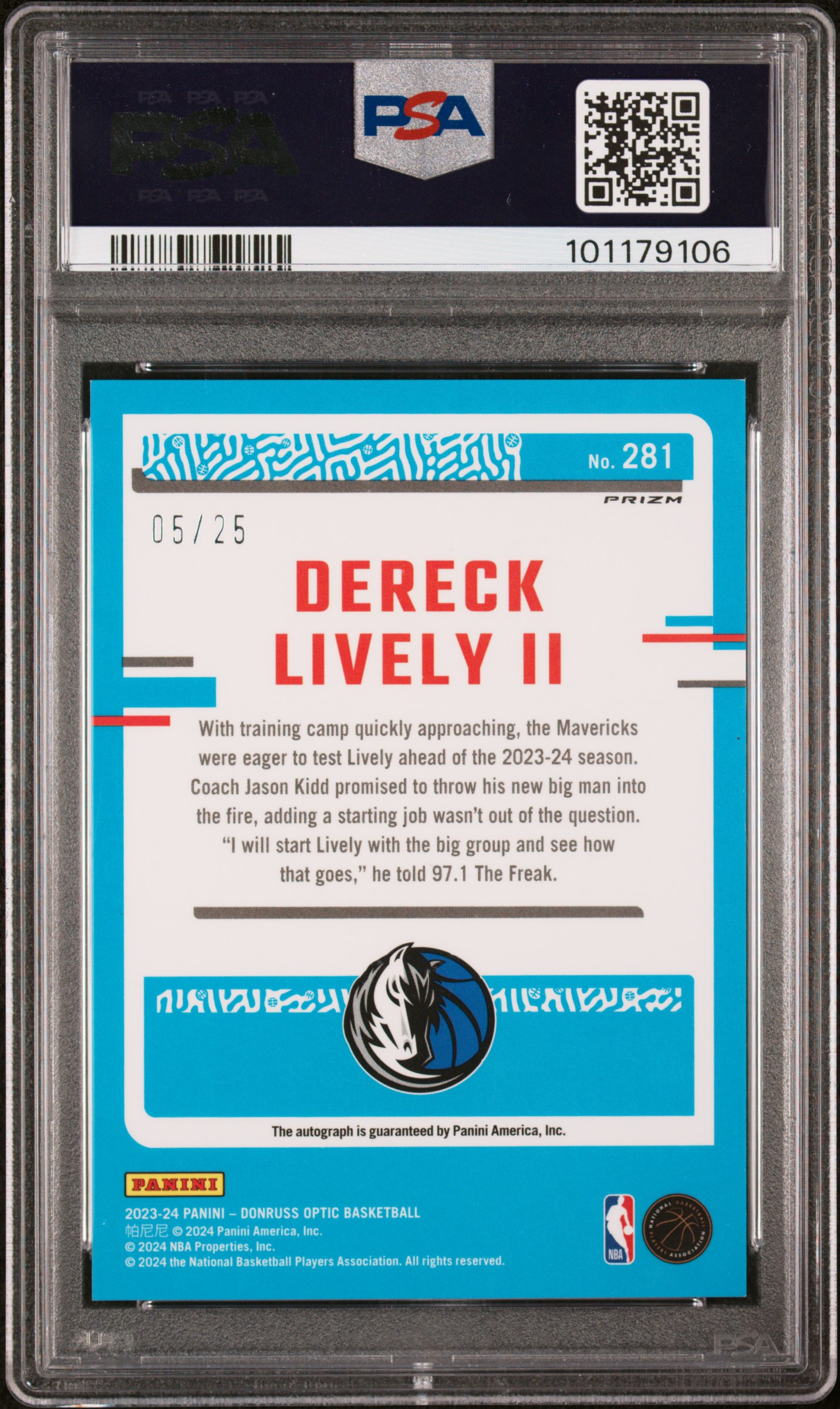 2023 Panini Donruss Optic Dereck Lively Ii #281 (Signature-Fast Break Pink) Mint 9 back