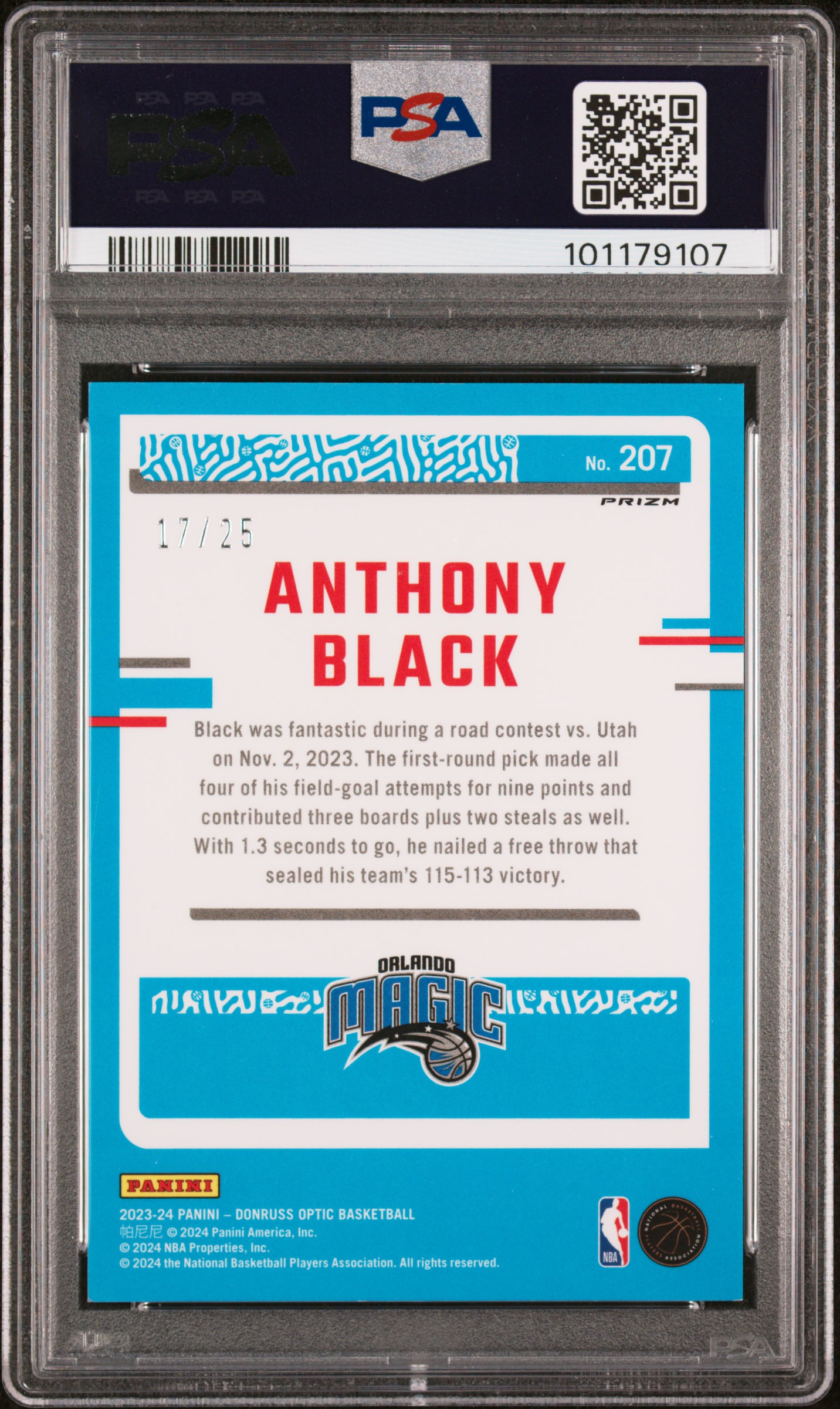 2023 Panini Donruss Optic Anthony Black #207 (Fast Break Pink) Mint 9 back