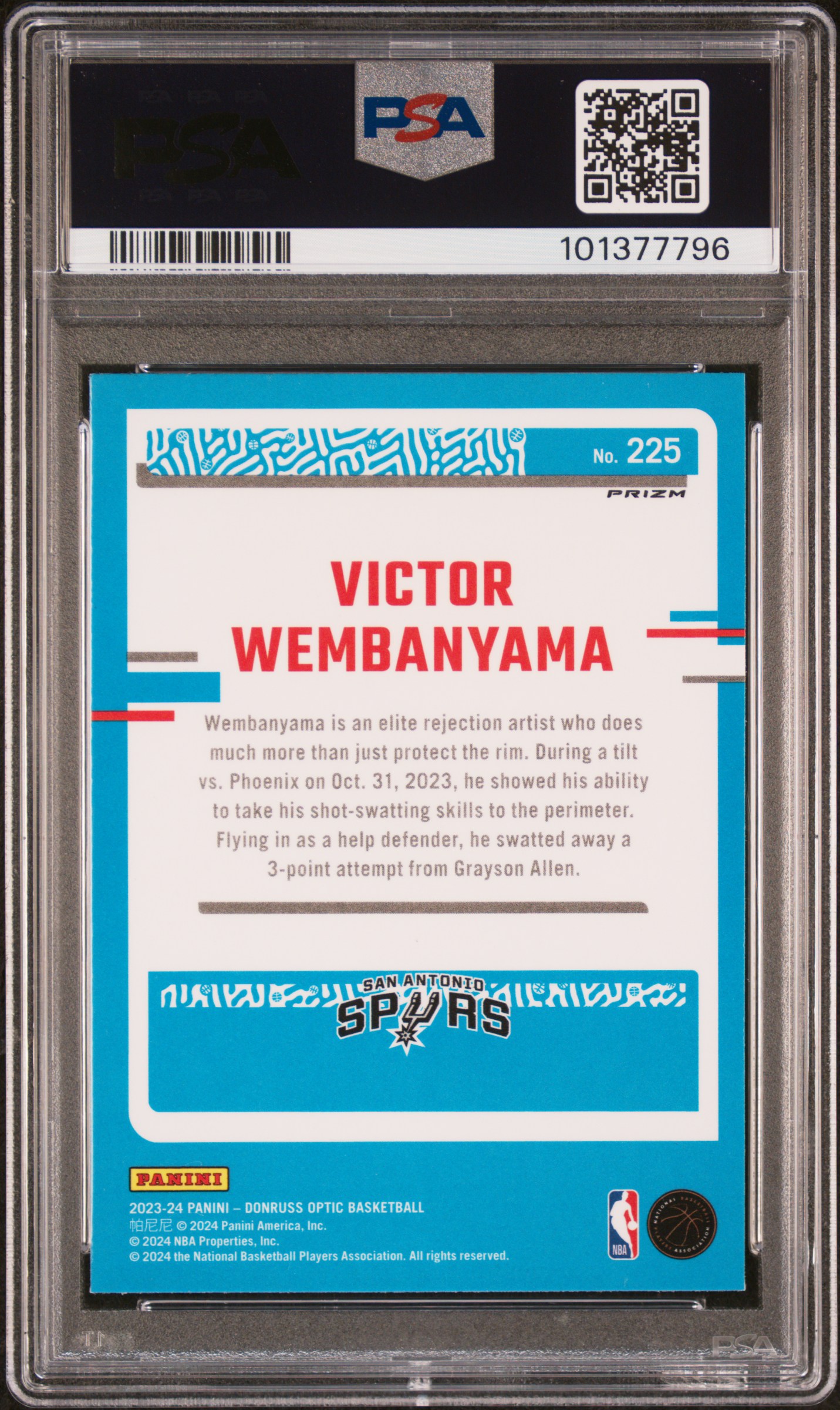 2023 Panini Donruss Optic Victor Wembanyama #225 (Fast Break Holo) Gem Mt 10 back