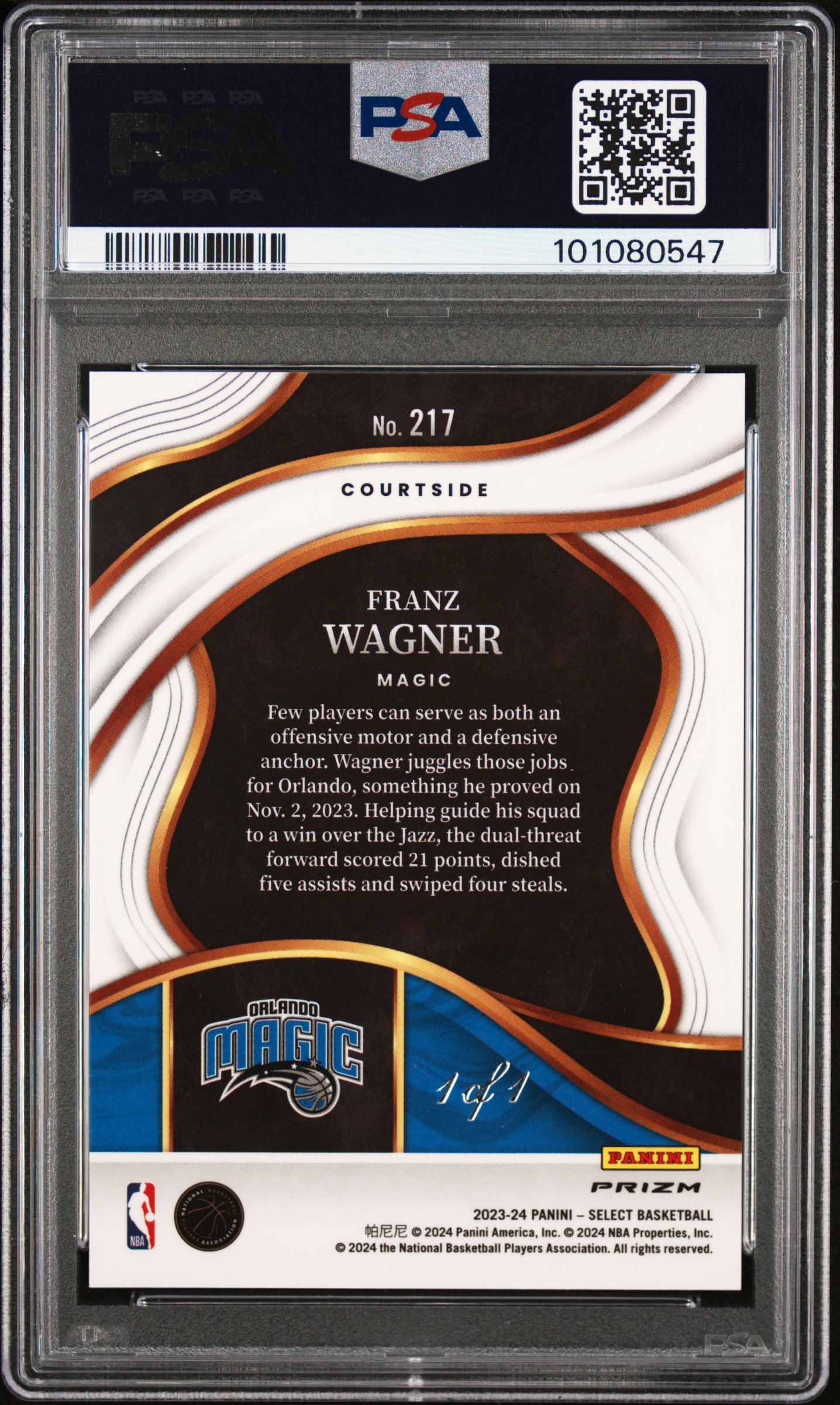 2023 Panini Select Franz Wagner #217 (Black Disco 1/1) Mint 9 back