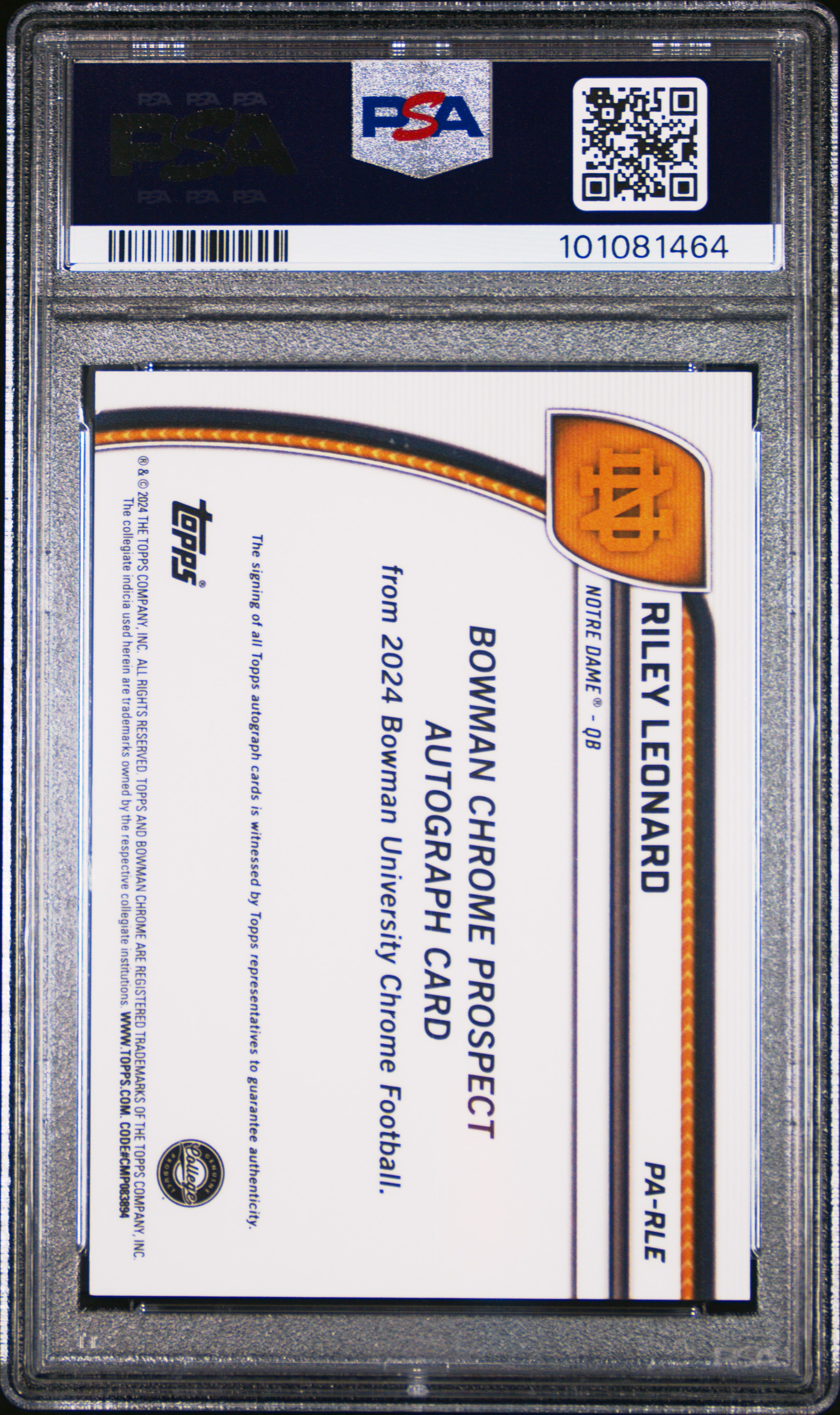 2024 Bowman University Chrome Bowman Chrome Prospect Autographs Riley Leonard #Parle (Chr Prospect Au-Fuchsia Ref) Mint 9 back