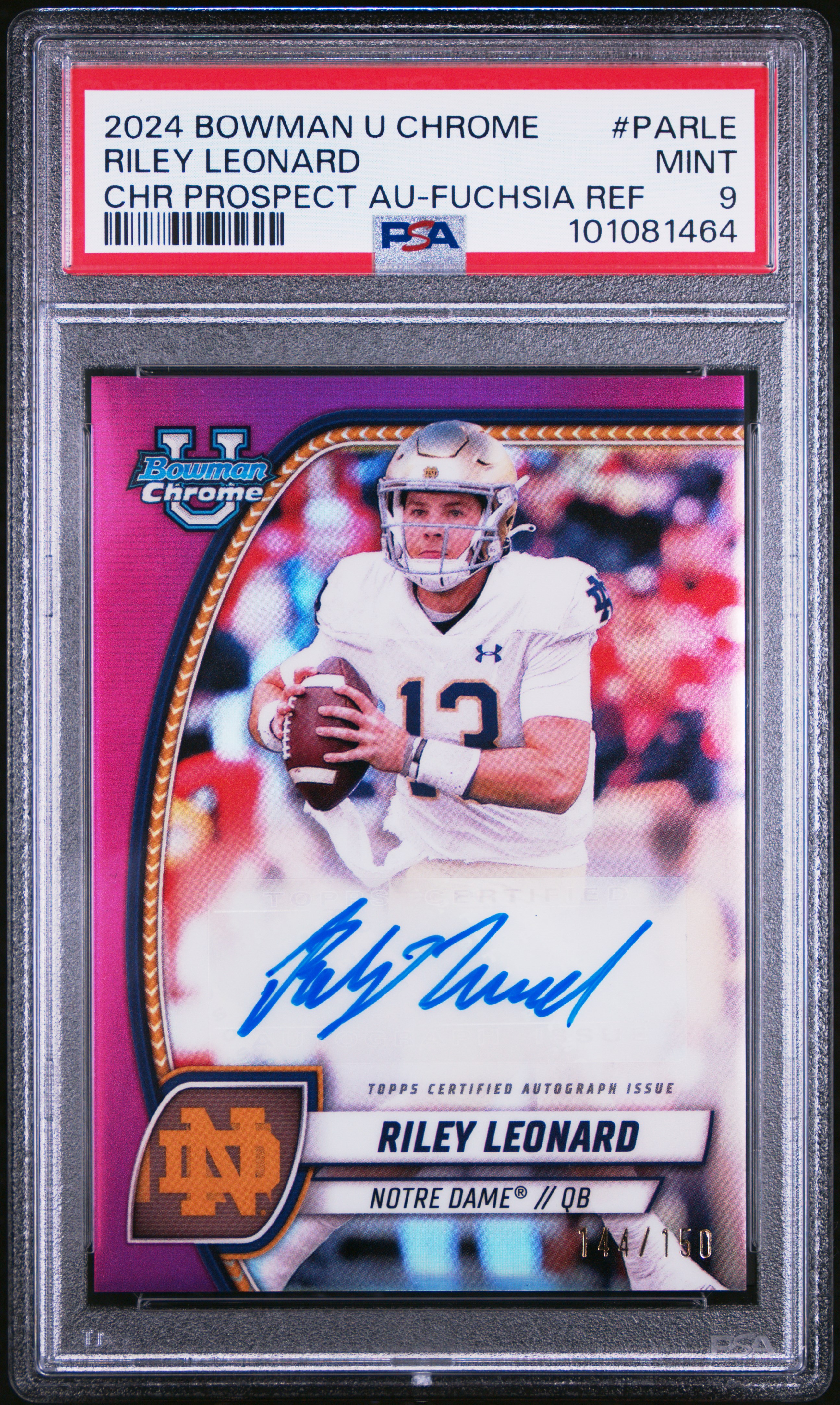 2024 Bowman University Chrome Bowman Chrome Prospect Autographs Riley Leonard #Parle (Chr Prospect Au-Fuchsia Ref) Mint 9 front