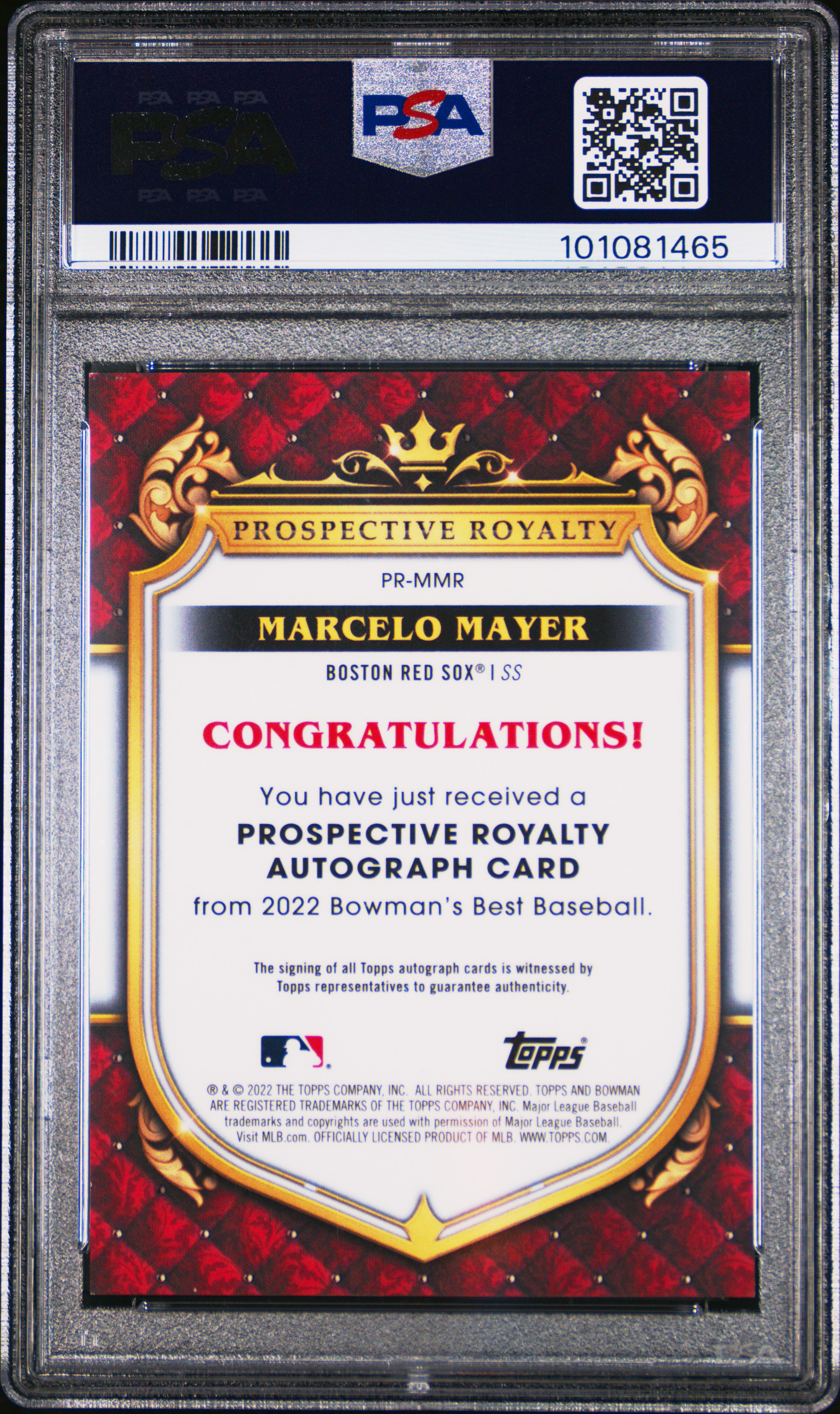2022 Bowman's Best Prospective Royalty Autographs Marcelo Mayer #Prmmr (Prospective Royalty Au.) Mint 9 back
