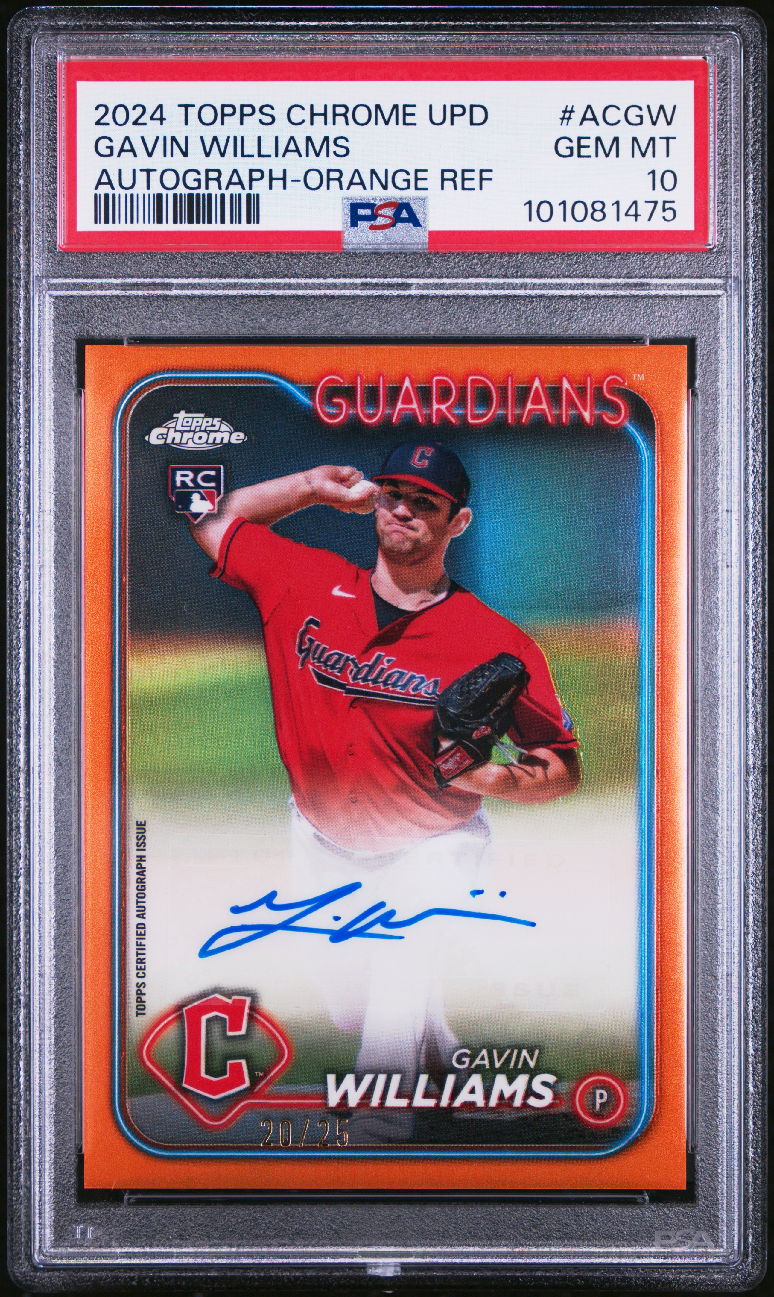 2024 Topps Chrome Update Chrome Baseball Update Series Autographs Gavin Williams #Acgw (Autograph-Orange Ref) Gem Mt 10 front