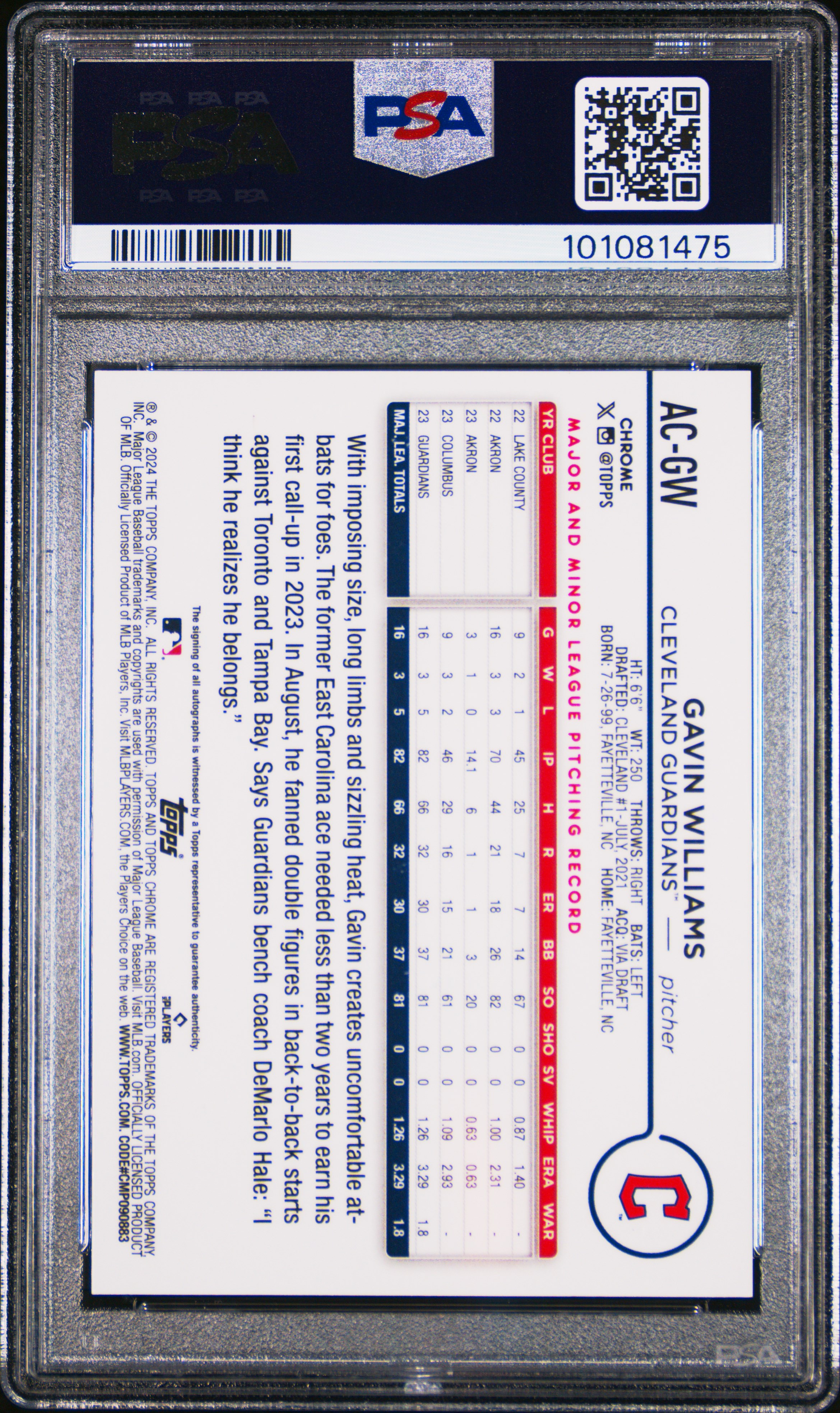 2024 Topps Chrome Update Chrome Baseball Update Series Autographs Gavin Williams #Acgw (Autograph-Orange Ref) Gem Mt 10 back