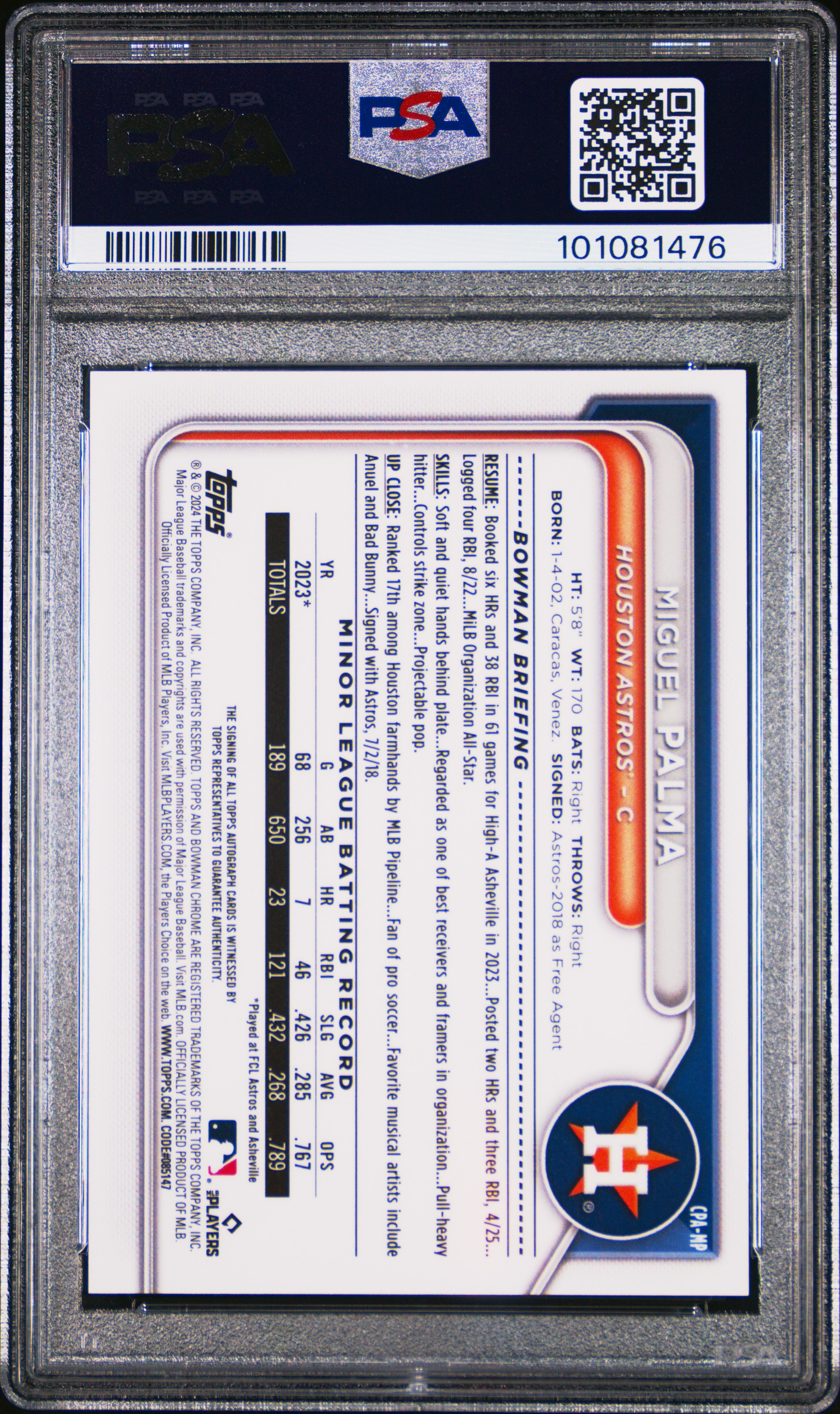 2024 Bowman Chrome Prospect Autographs Miguel Palma #Cpamp (Prospect Auto-Speckle Ref) Gem Mt 10 back