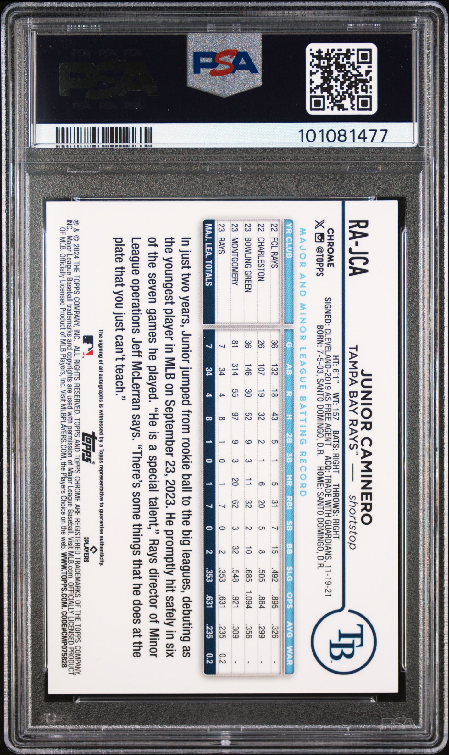 2024 Topps Chrome Rookie Autographs Junior Caminero #Rajca Mint 9 back