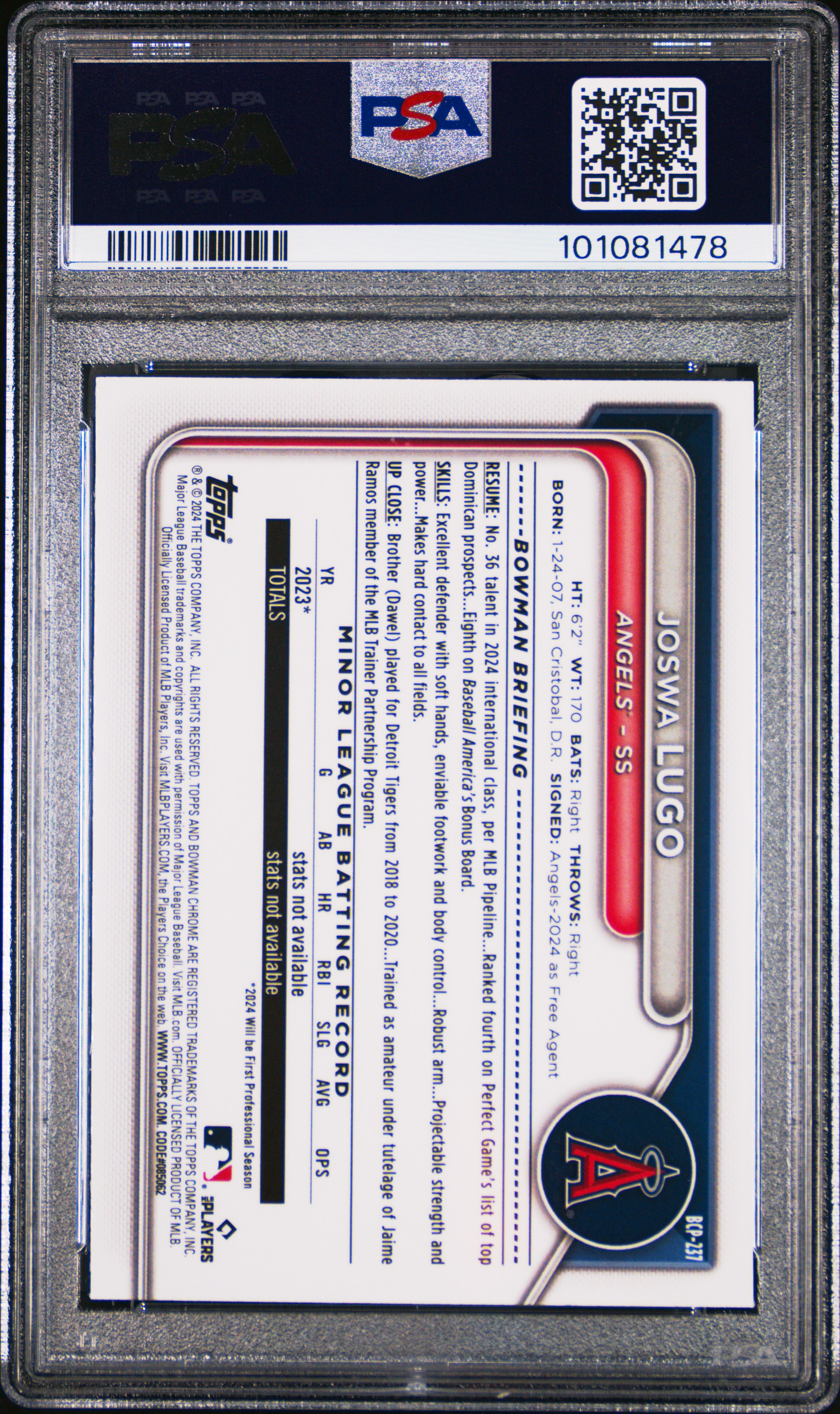 2024 Bowman Chrome Prospects Joswa Lugo #Bcp237 (Prospects-Gold Shimmer) Mint 9 back