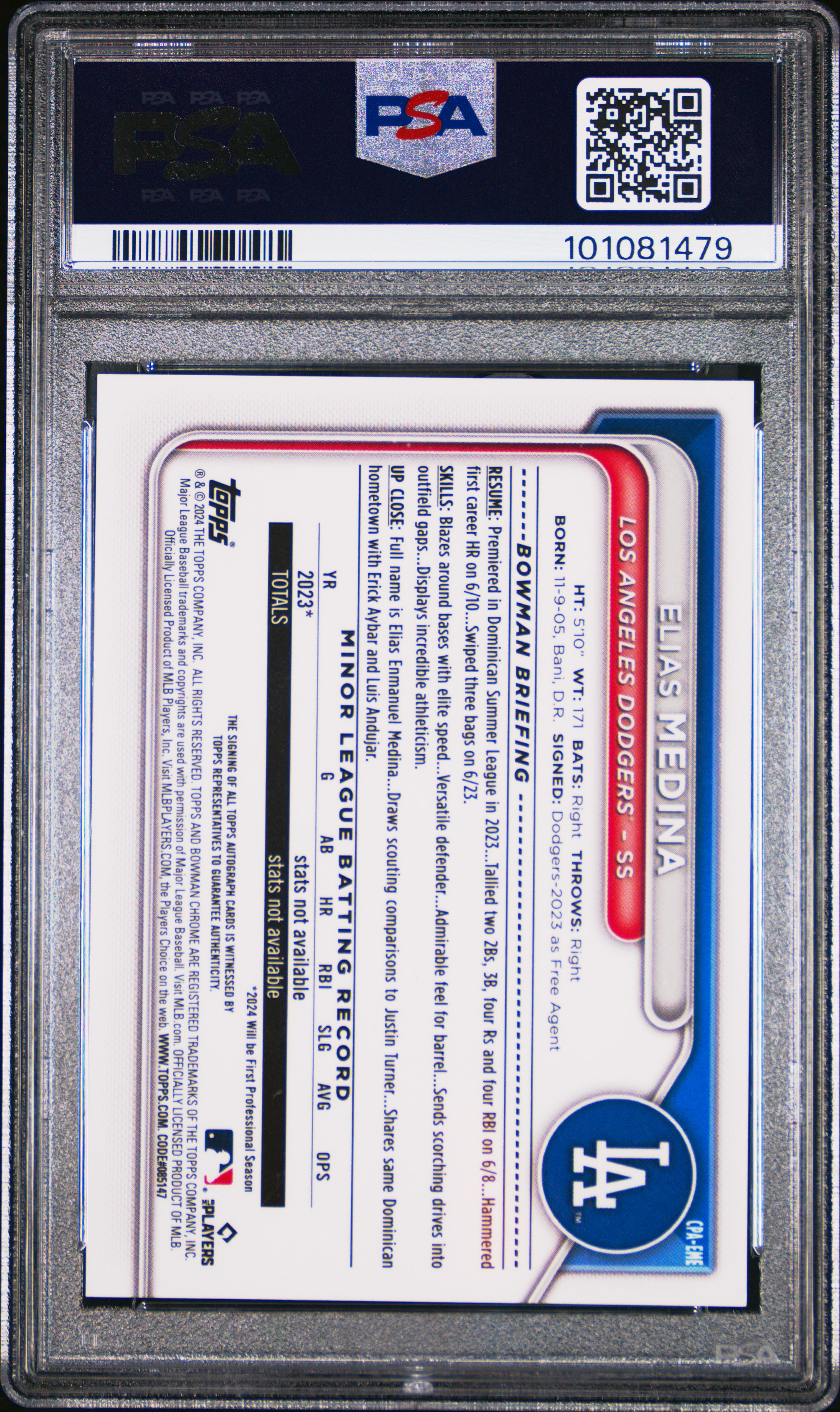 2024 Bowman Chrome Prospect Autographs Elias Medina #Cpaeme (Prospect Auto-Green Ref) Mint 9 back