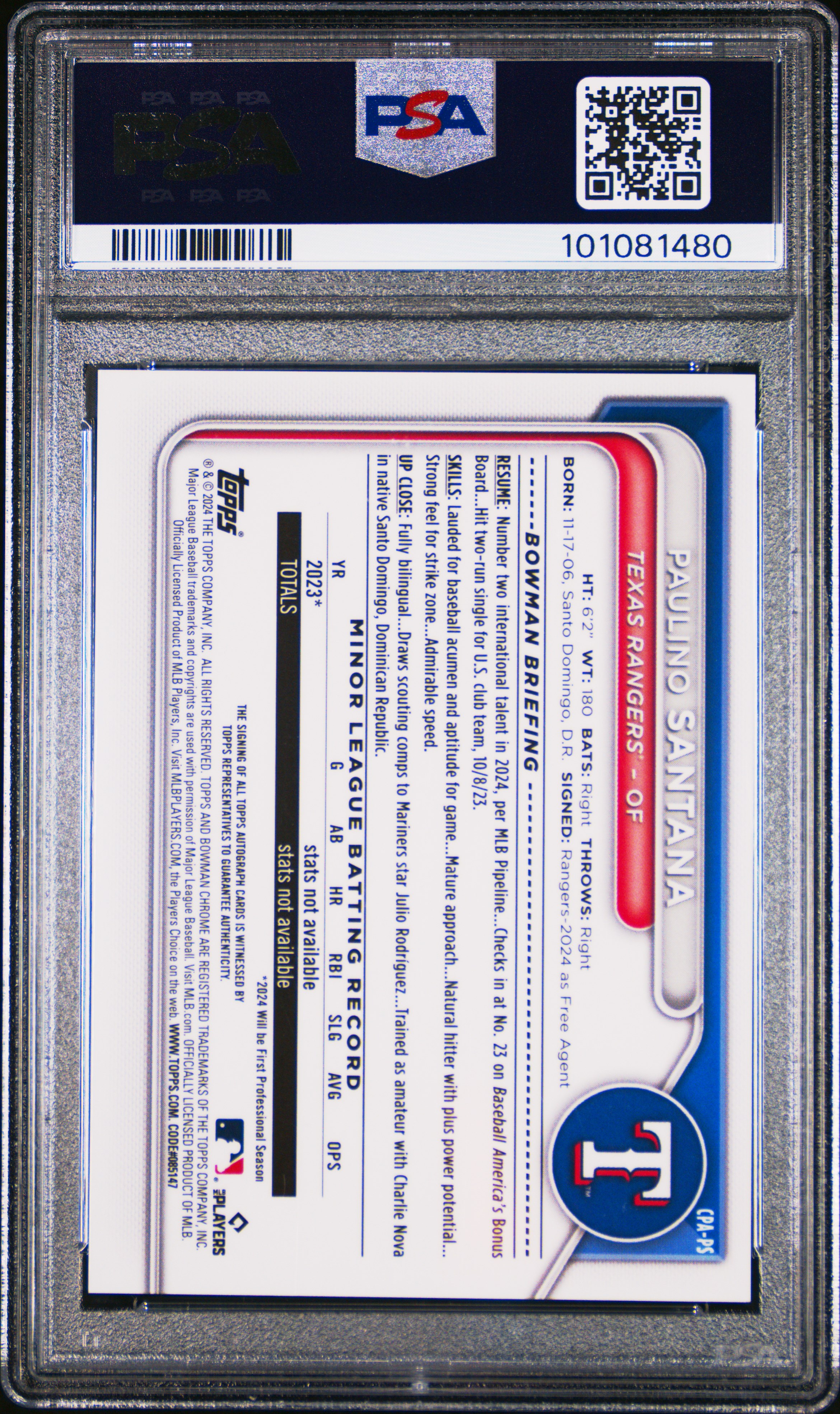 2024 Bowman Chrome Prospect Autographs Paulino Santana #Cpaps (Prospect Autograph) Gem Mt 10 back