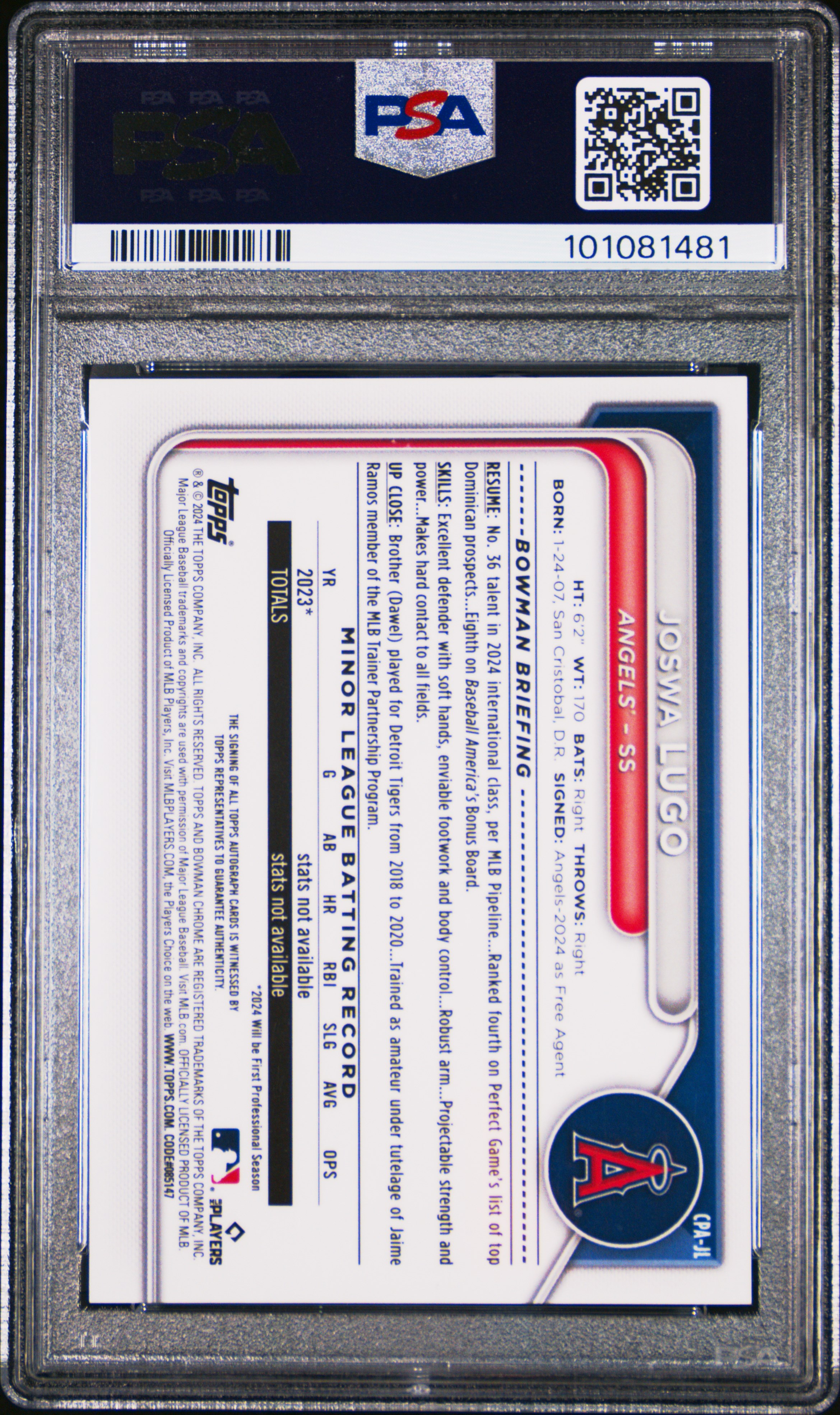 2024 Bowman Chrome Prospect Autographs Joswa Lugo #Cpajl (Prospect Autograph) Gem Mt 10 back