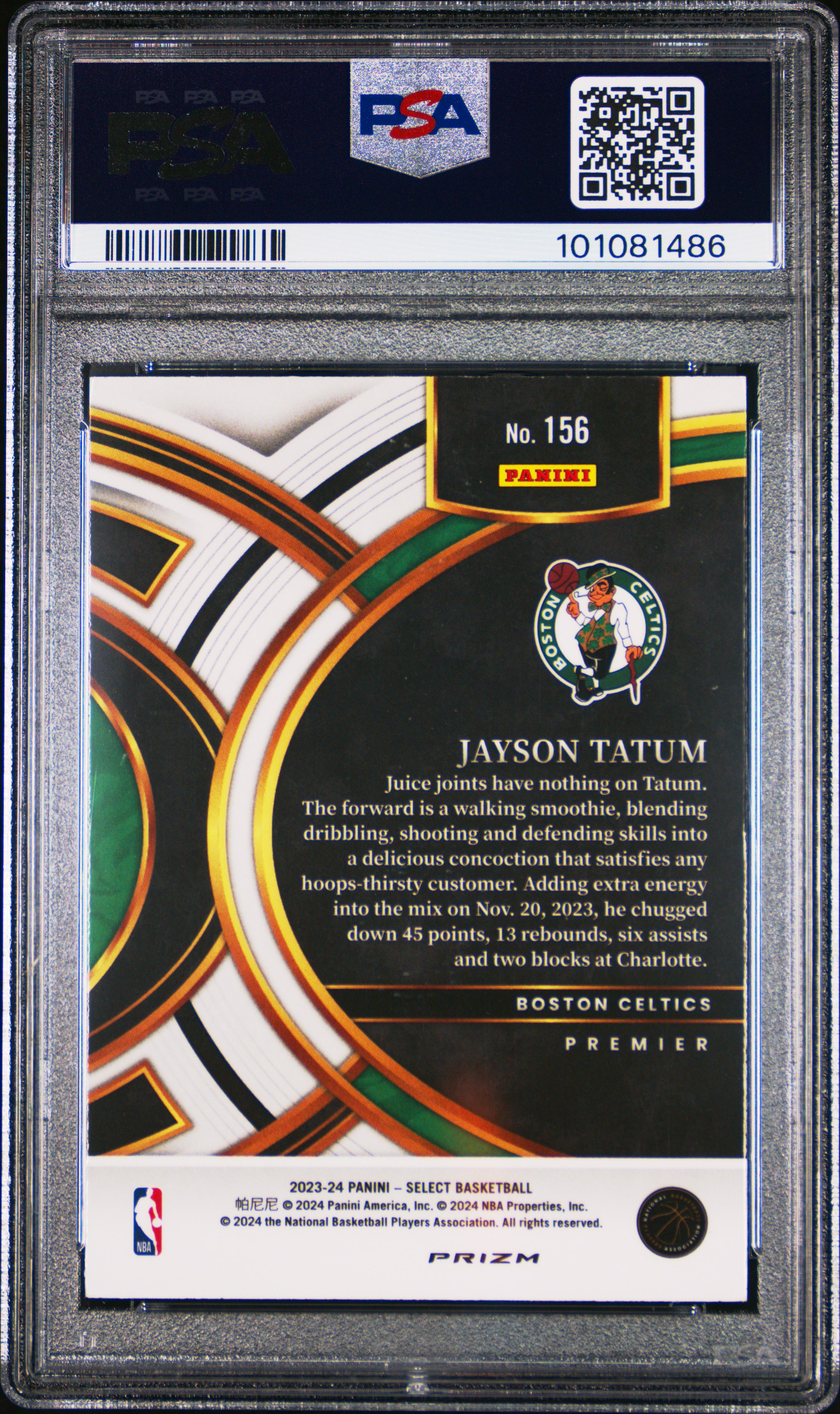 2023 Panini Select Jayson Tatum #156 (Elephant Prizm) Mint 9 back