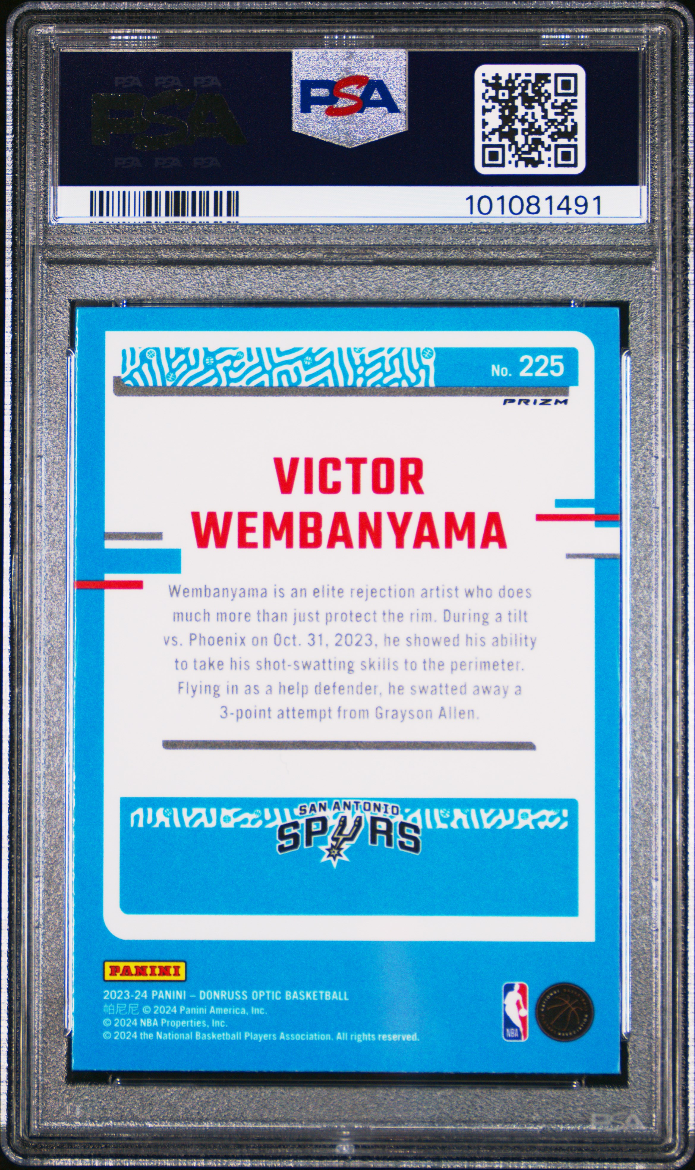 2023 Panini Donruss Optic Victor Wembanyama #225 (Choice) Gem Mt 10 back