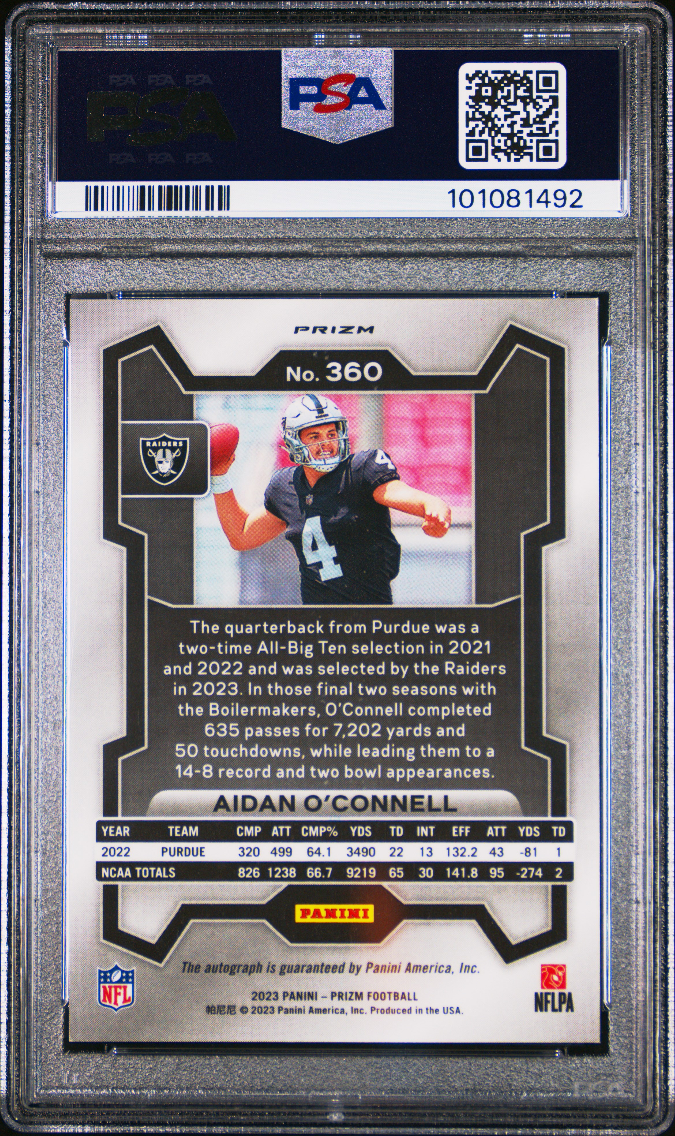 2023 Panini Prizm Aidan O'connell #360 (Autograph) Mint 9 back