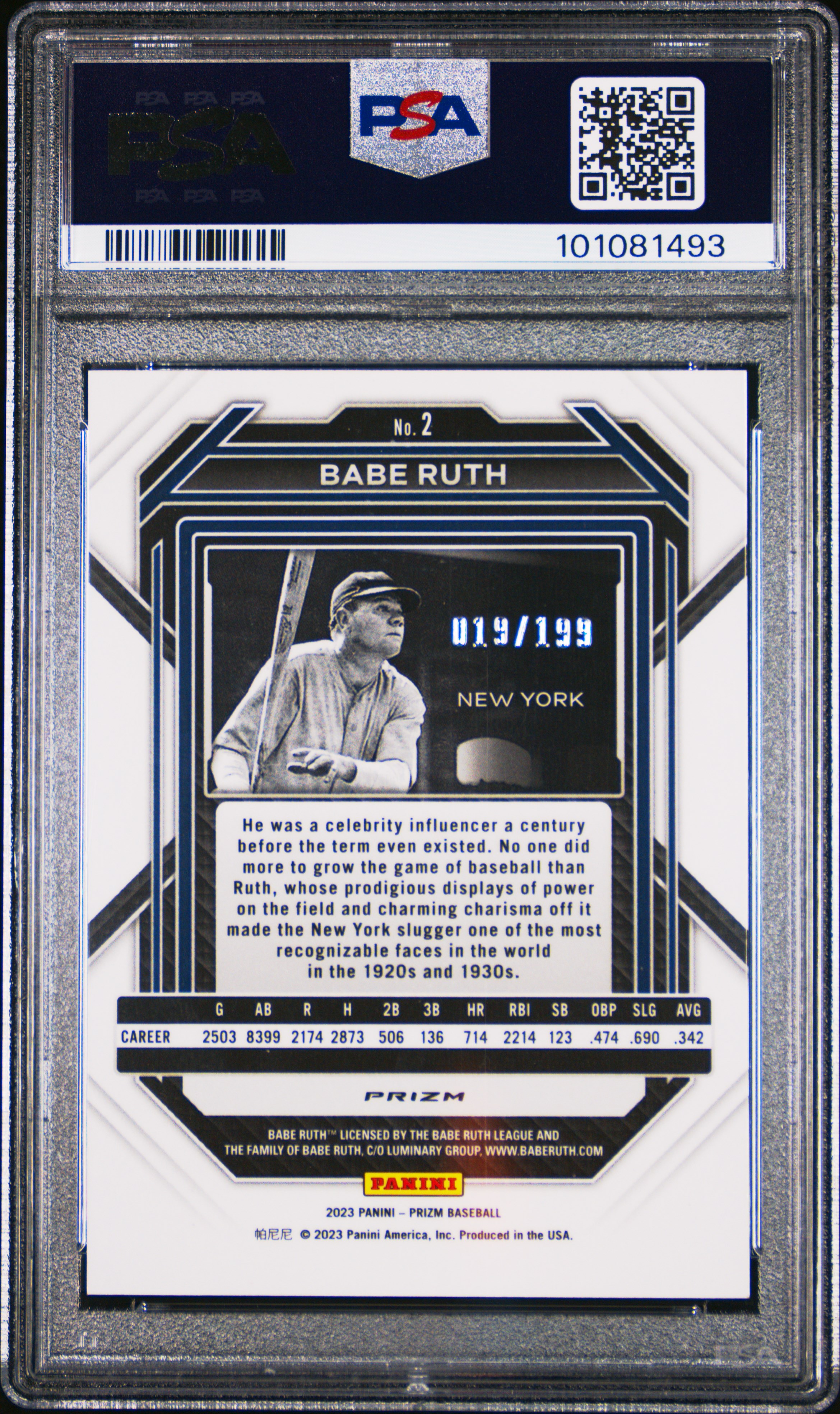 2023 Panini Prizm Babe Ruth #2 (Red Prizm) Gem Mt 10 back