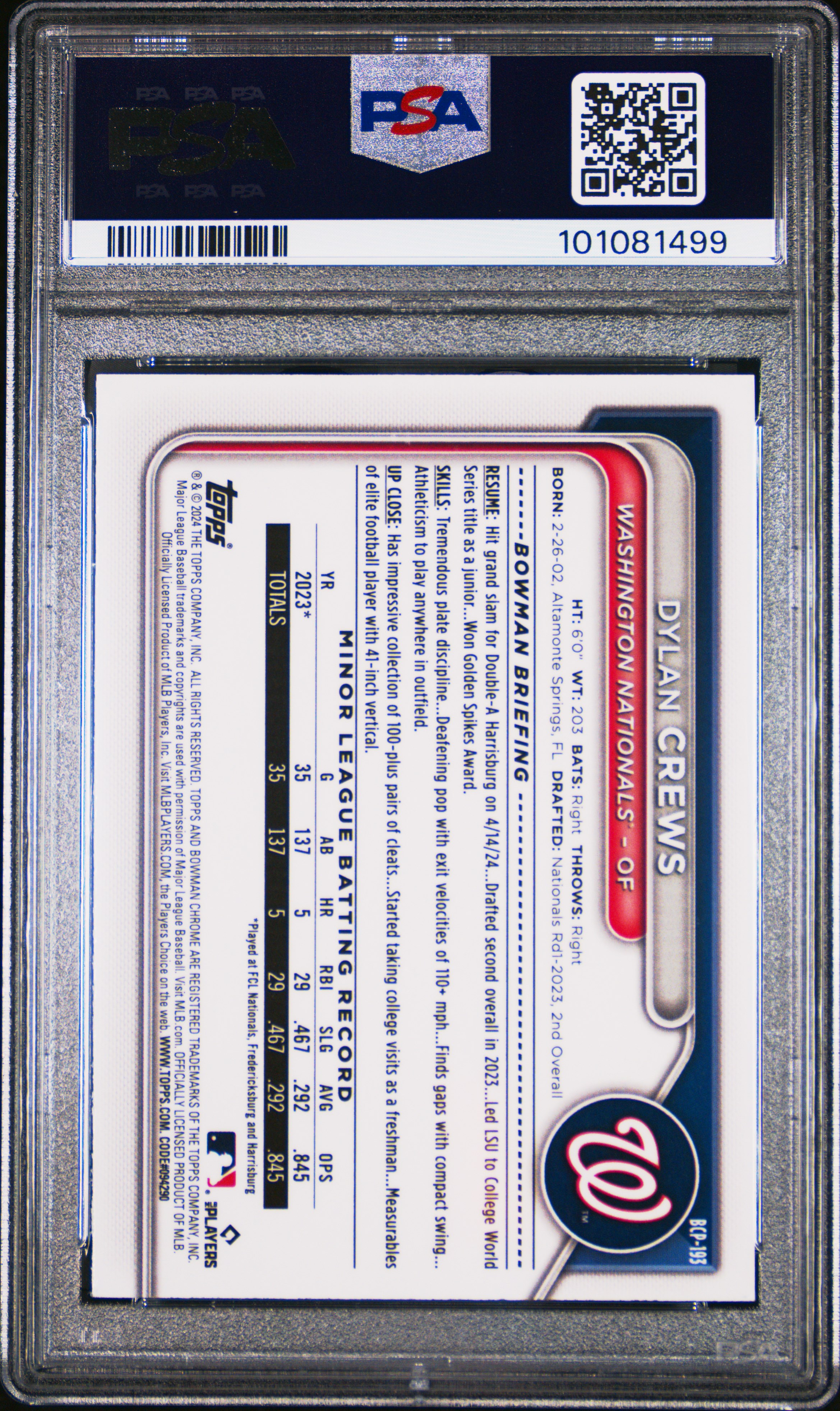 2024 Bowman Mega Box Chrome Prospects Dylan Crews #193 (Prospects) Mint 9 back