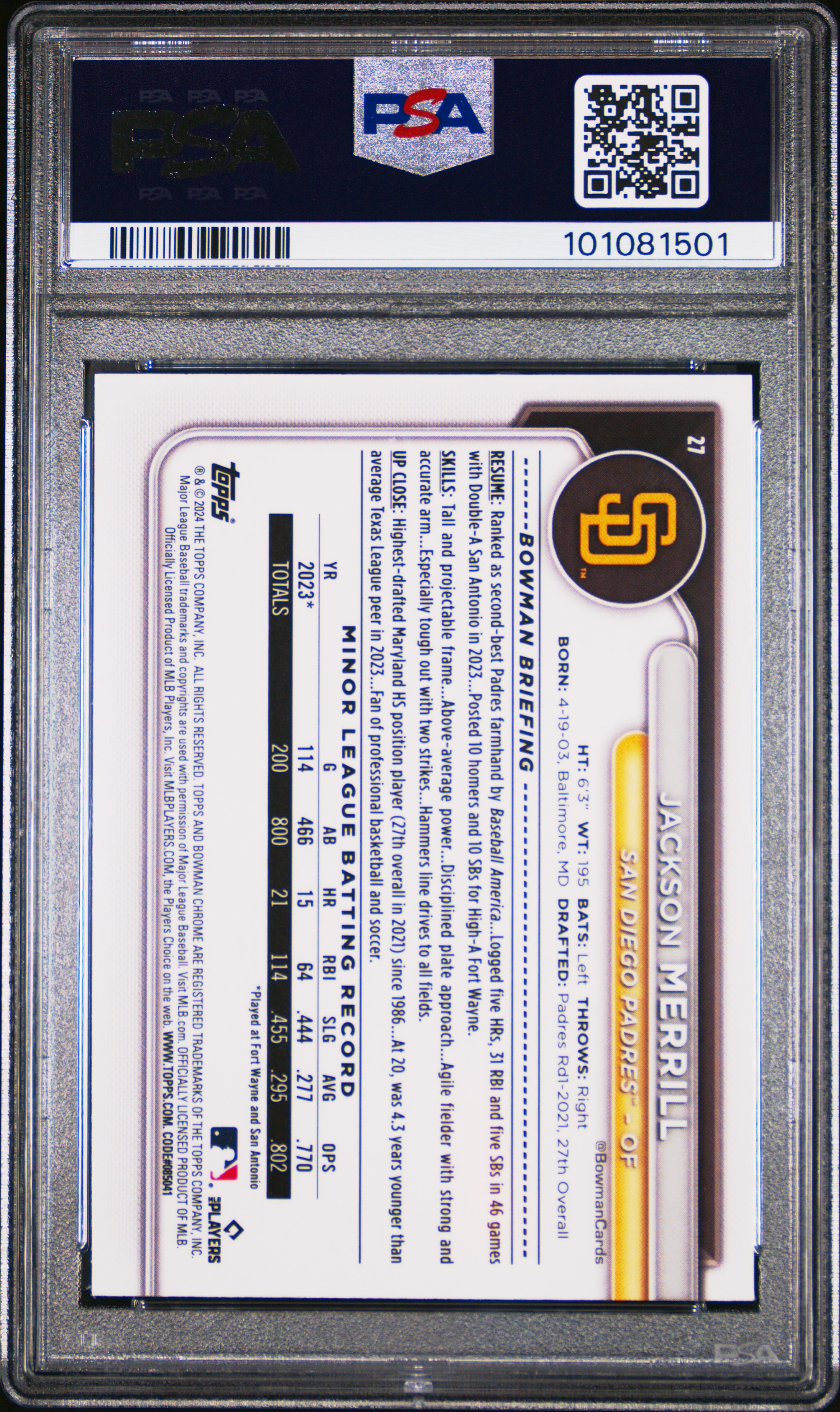 2024 Bowman Chrome Jackson Merrill #27 Mint 9 back