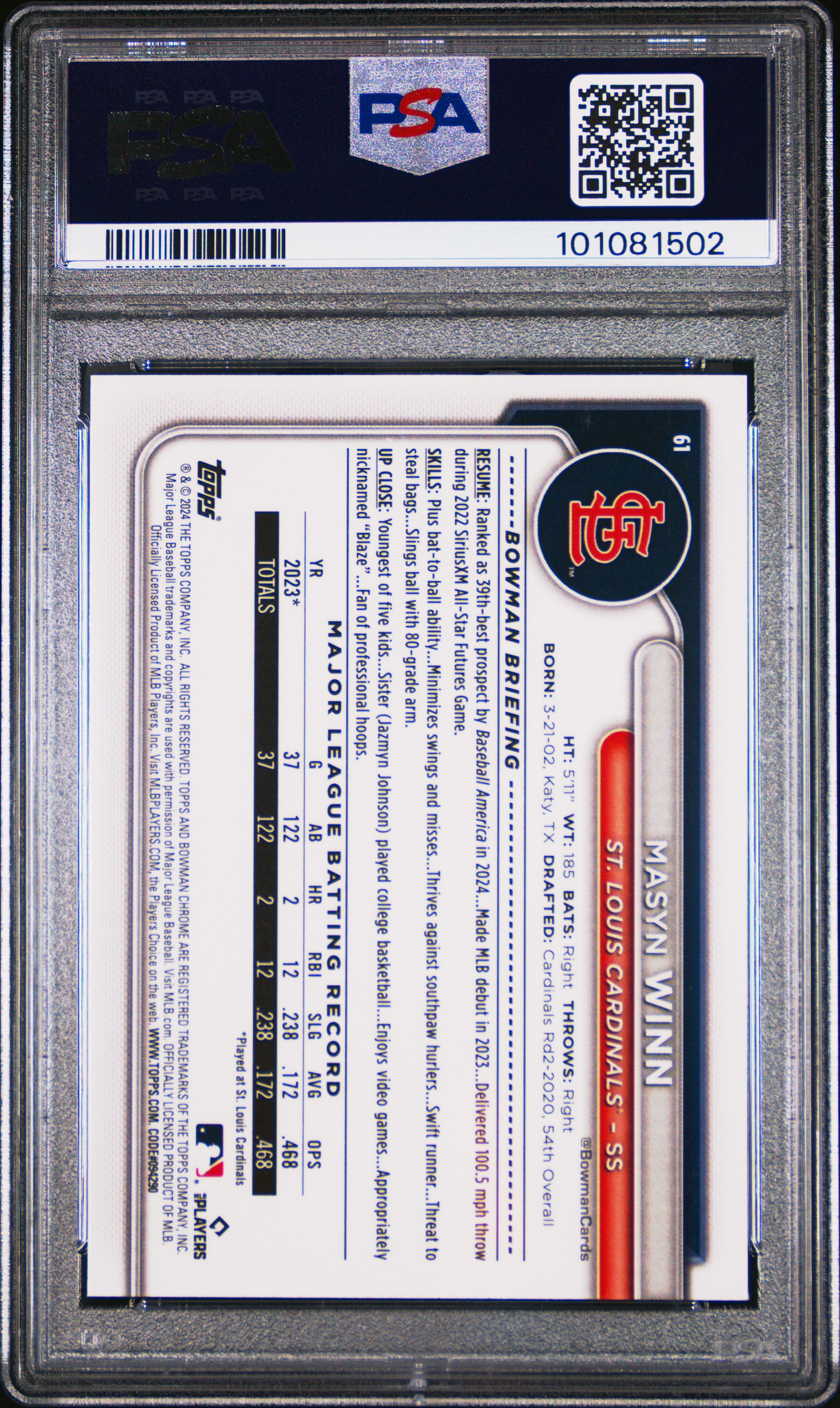 2024 Bowman Chrome Mega Box Masyn Winn #61 (Blue Refractor) Mint 9 back