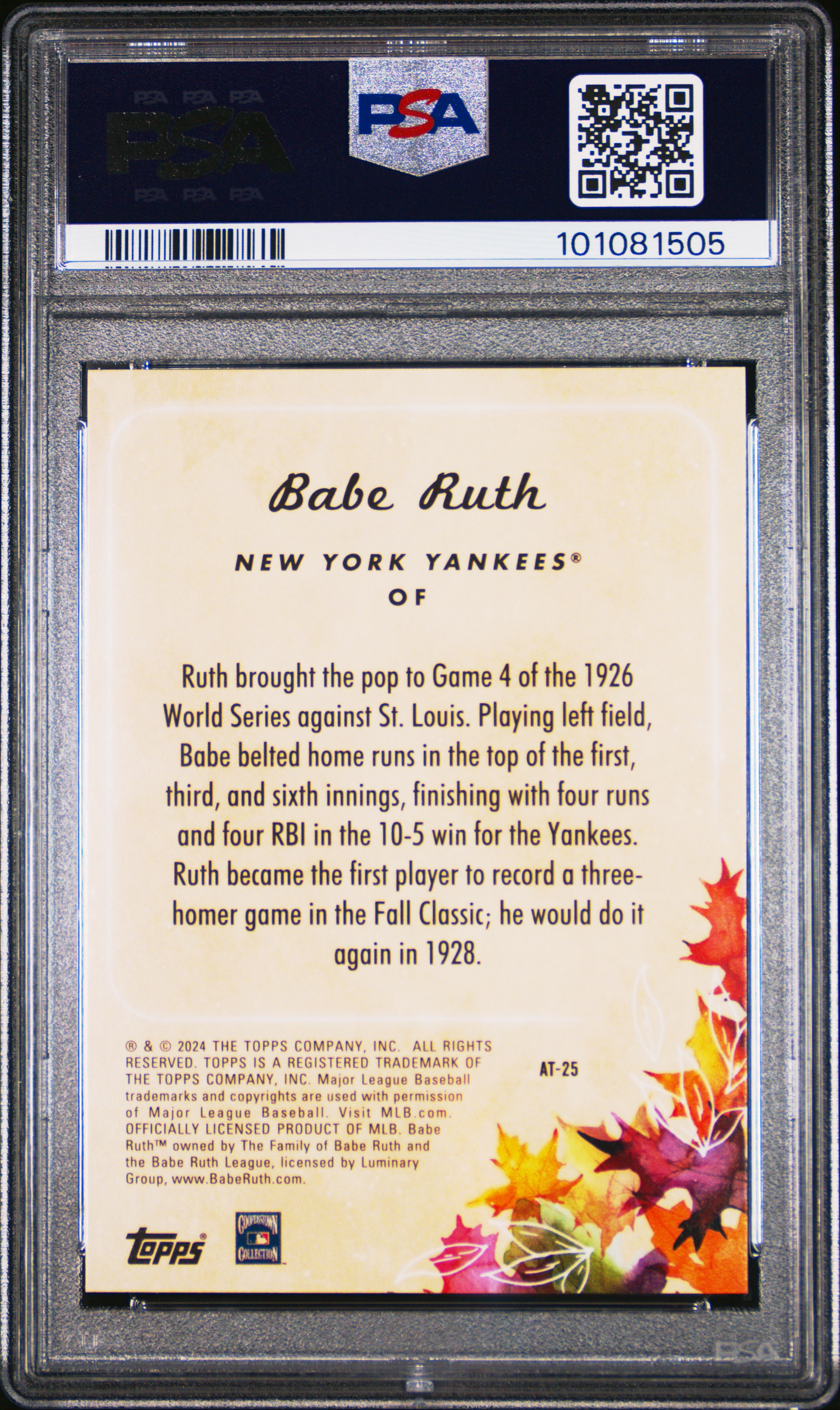 2024 Topps Update Autumn Tales Babe Ruth #At25 (Autumn Tales-Blue) Mint 9 back