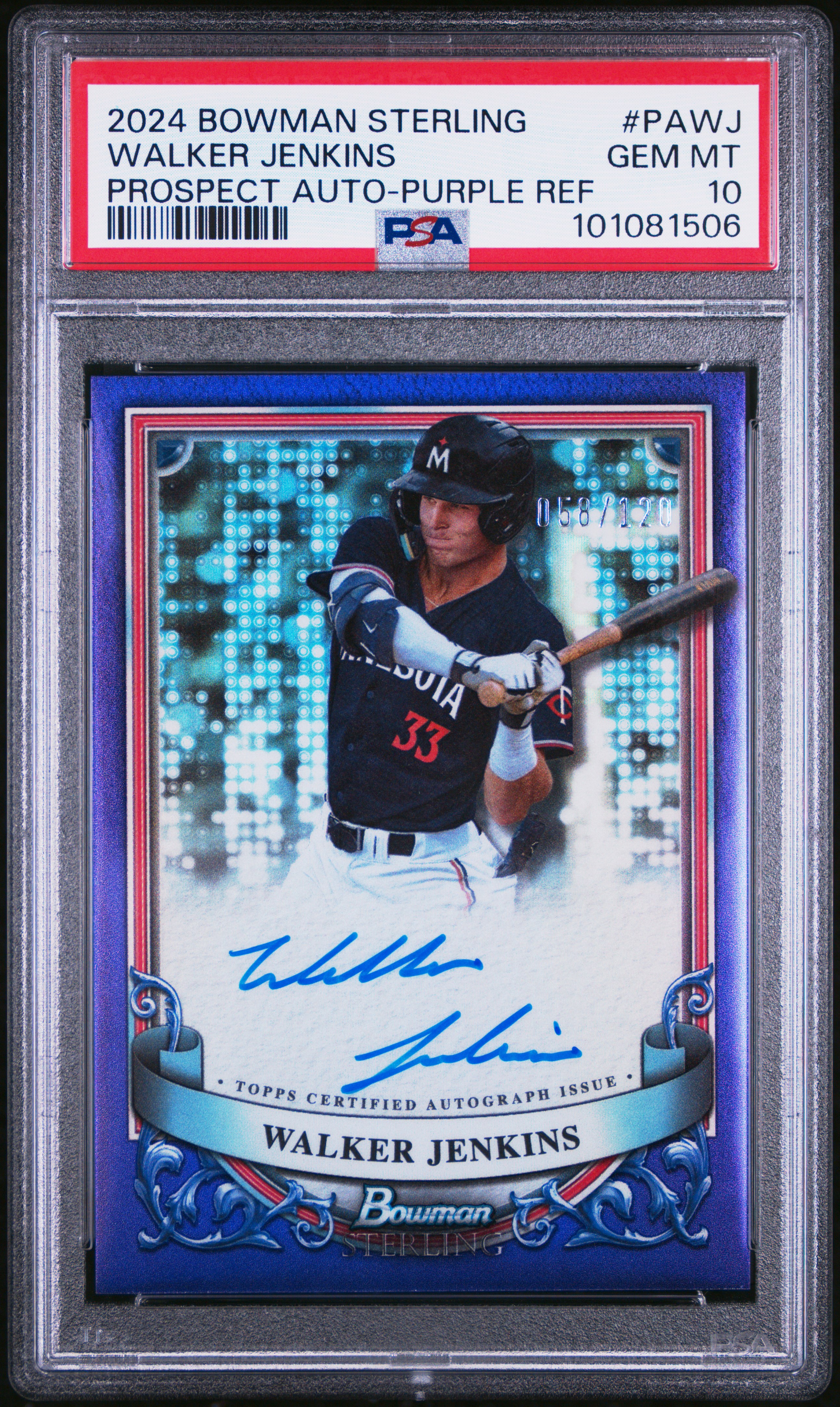 2024 Bowman Sterling Prospect Autographs Walker Jenkins #Pawj (Prospect Auto-Purple Ref) Gem Mt 10 front