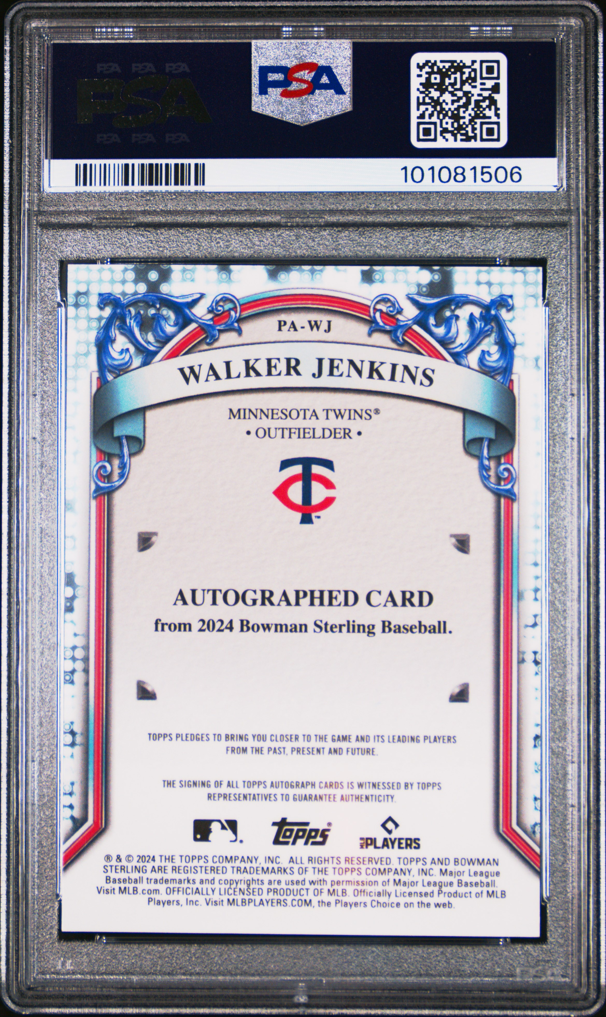 2024 Bowman Sterling Prospect Autographs Walker Jenkins #Pawj (Prospect Auto-Purple Ref) Gem Mt 10 back