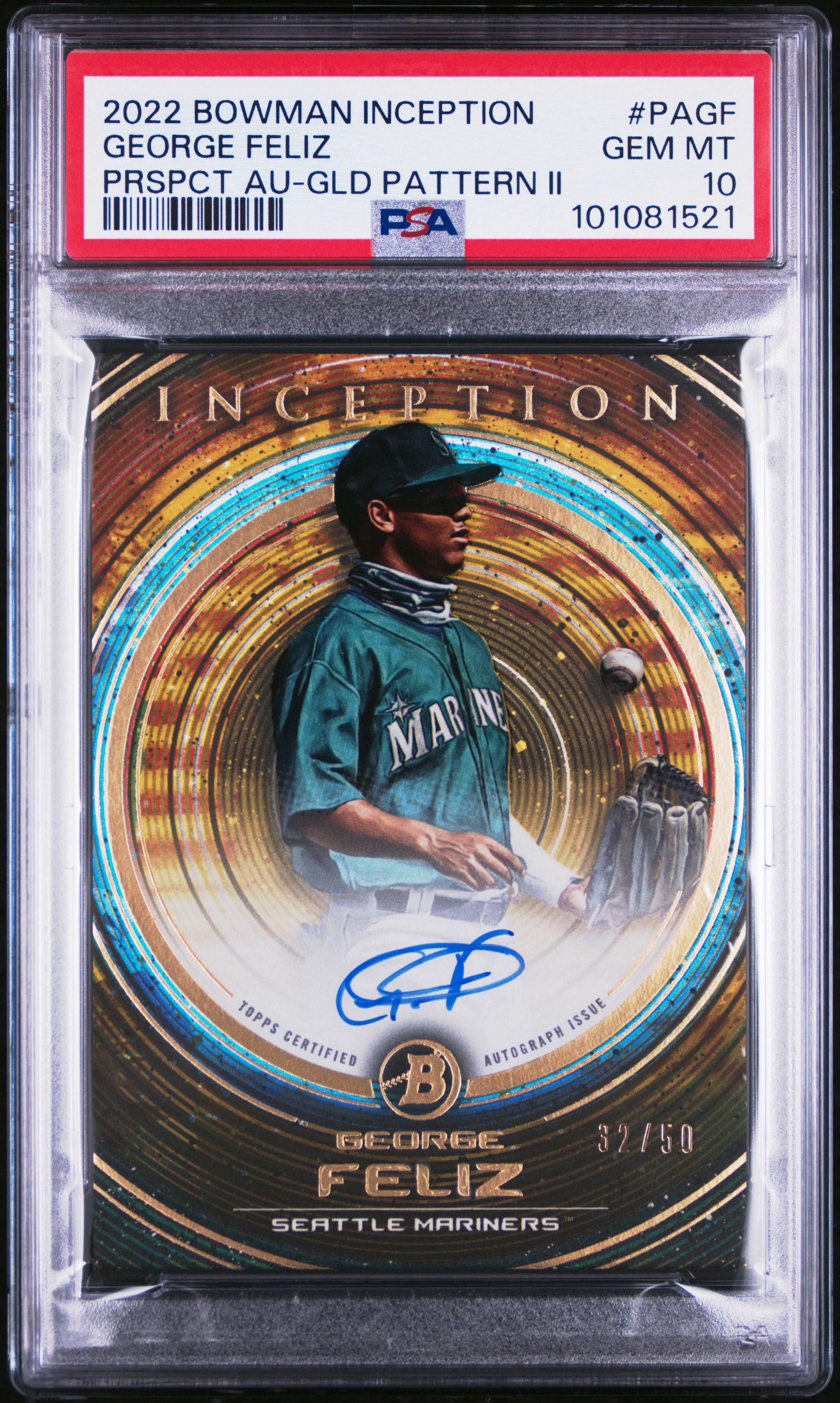 2022 Bowman Inception Prospect Autographs George Feliz #Pagf (Prspct Au-Gld Pattern Ii) Gem Mt 10 front