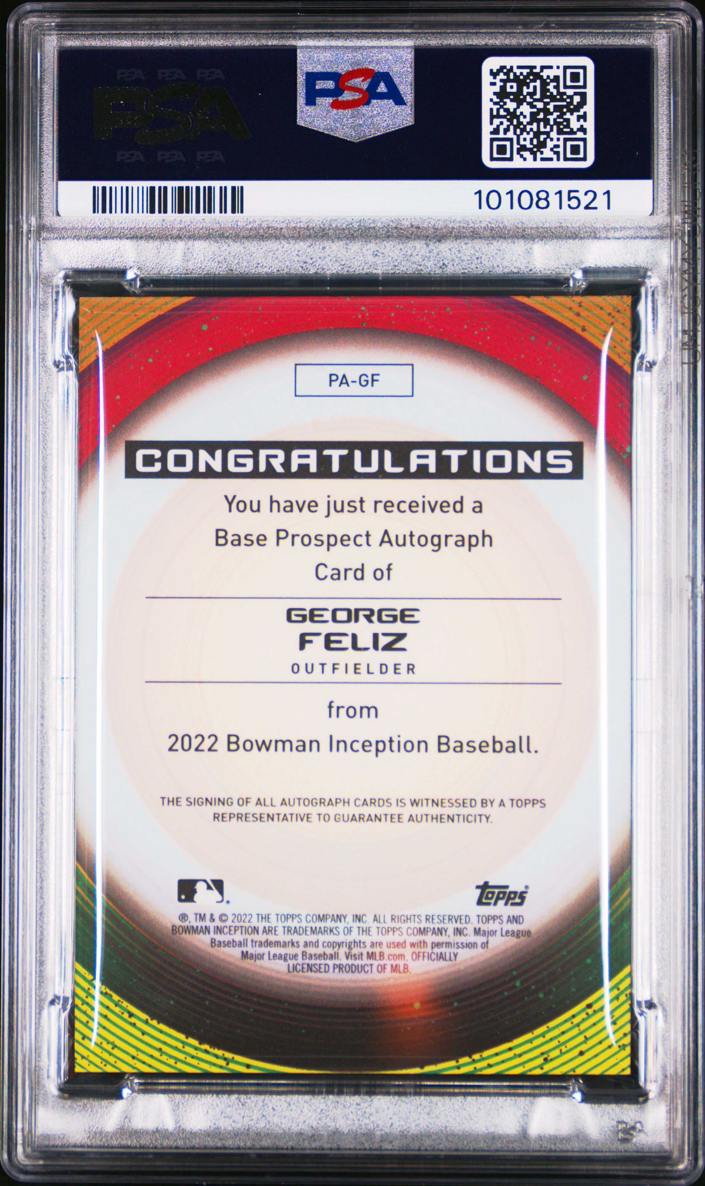 2022 Bowman Inception Prospect Autographs George Feliz #Pagf (Prspct Au-Gld Pattern Ii) Gem Mt 10 back