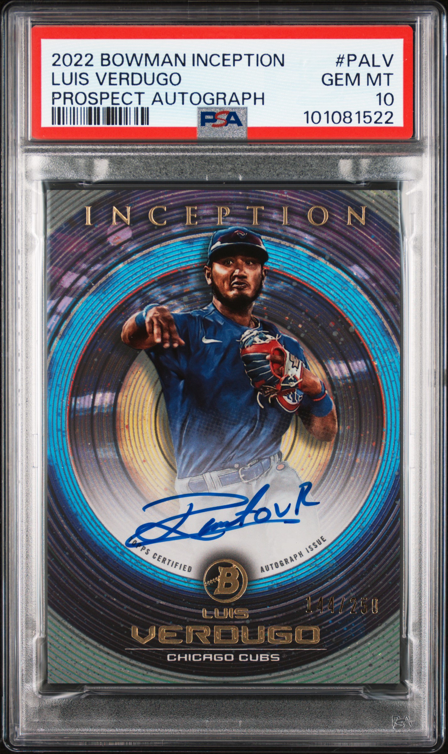 2022 Bowman Inception Prospect Autographs Luis Verdugo #Palv (Prospect Autograph) Gem Mt 10 front