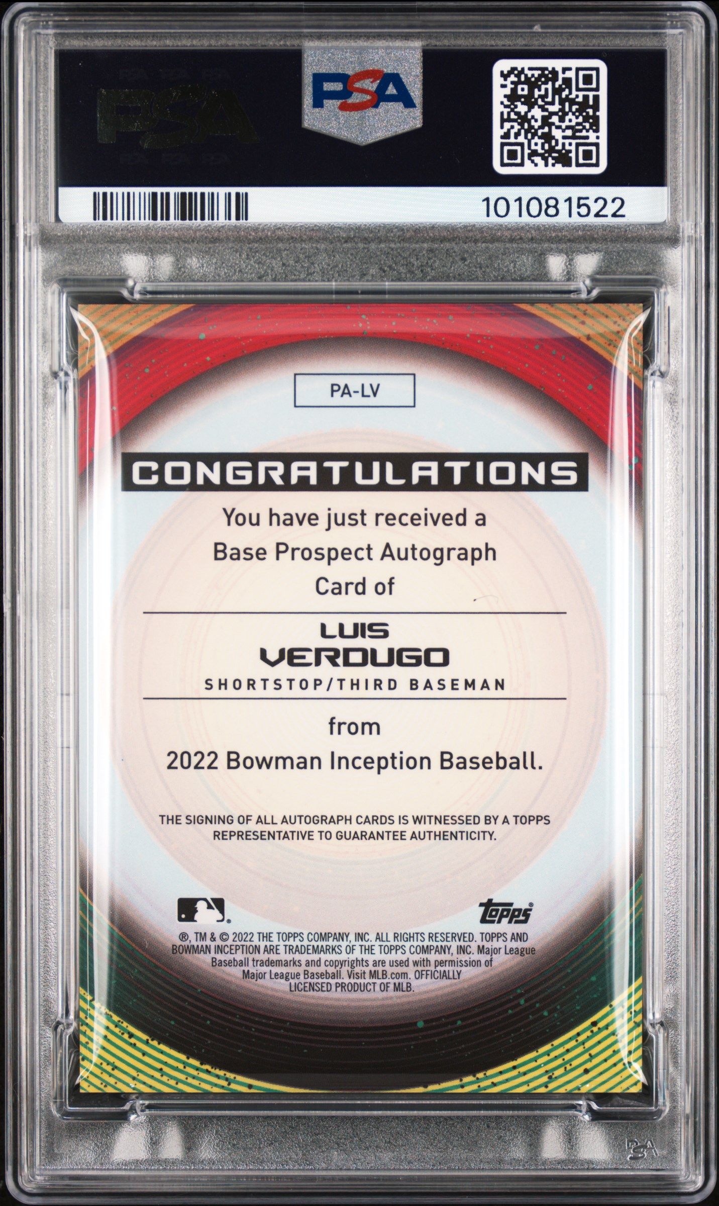 2022 Bowman Inception Prospect Autographs Luis Verdugo #Palv (Prospect Autograph) Gem Mt 10 back