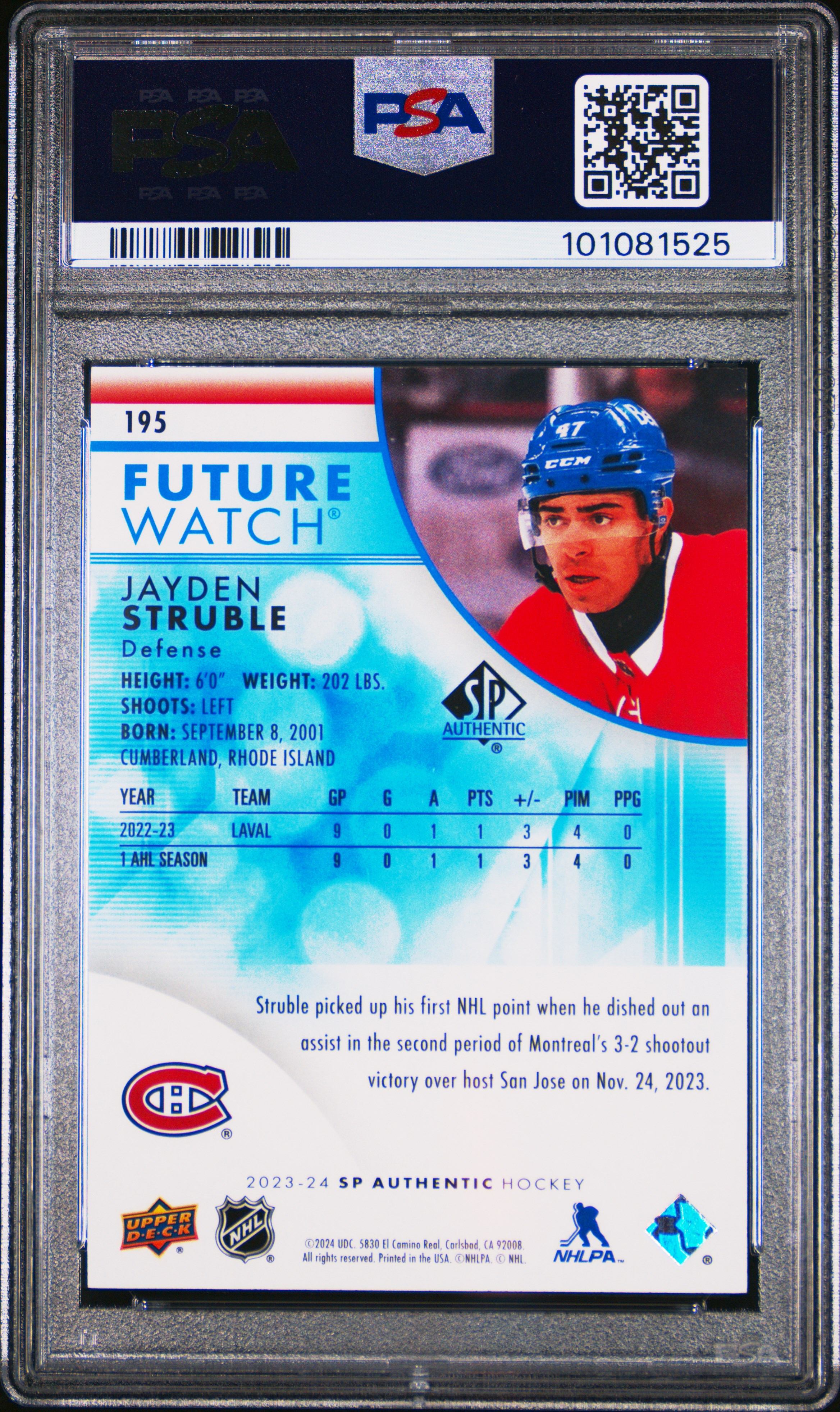 2023 Sp Authentic Jayden Struble #195 (Limited Blue) Mint 9 back