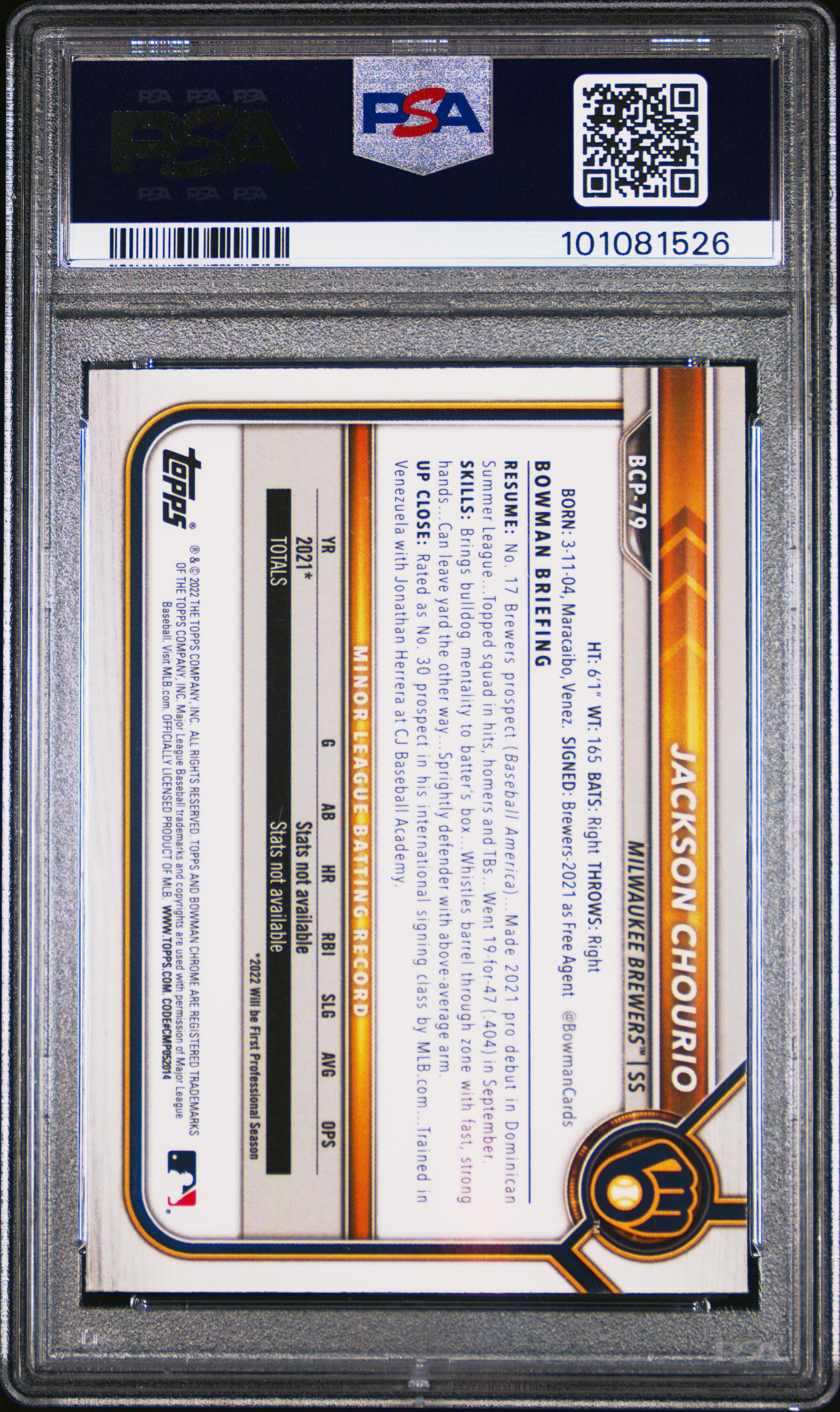 2022 Bowman Mega Box Chrome Jackson Chourio #79 (Chrome) Gem Mt 10 back