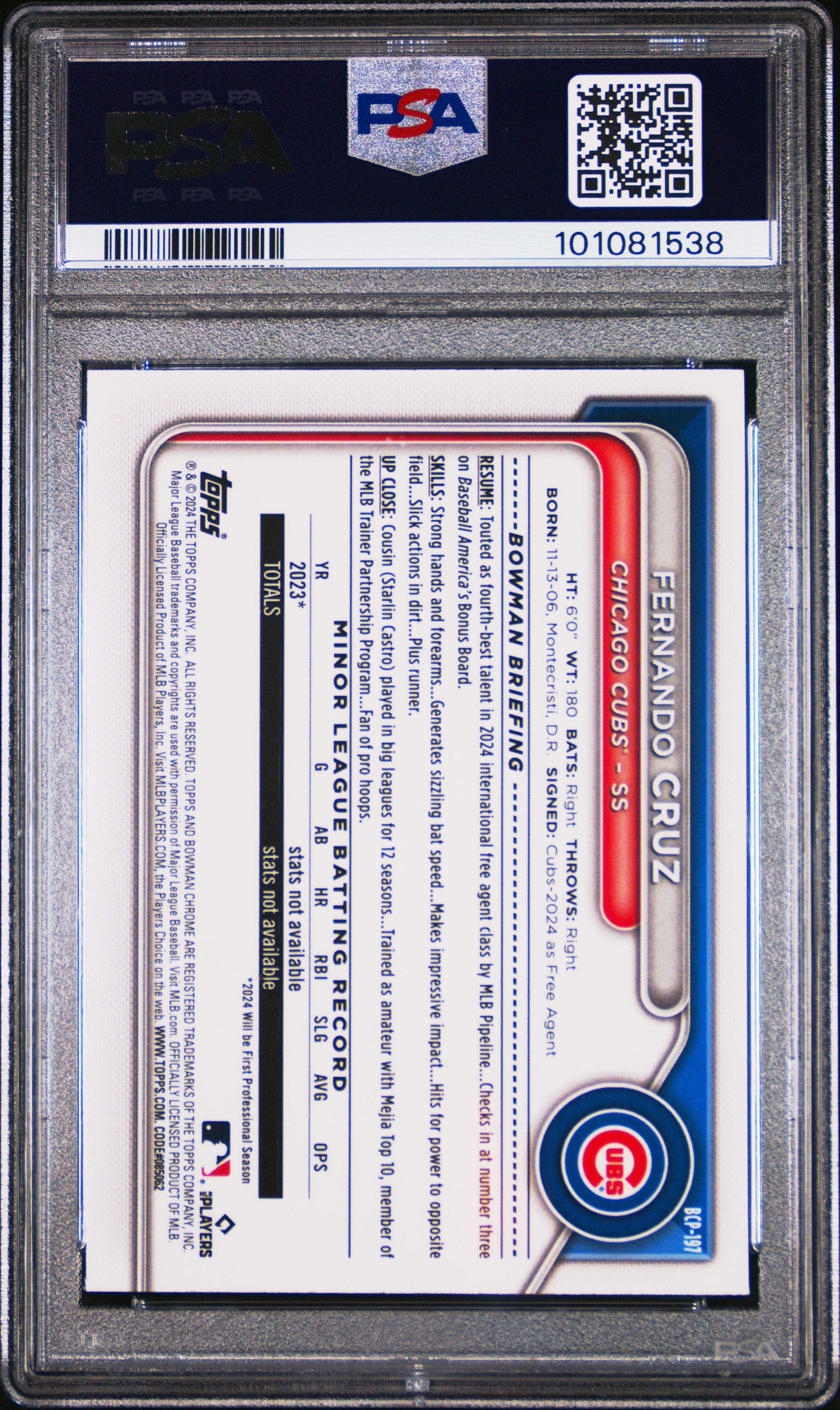 2024 Bowman Chrome Prospects Fernando Cruz #Bcp197 (Prospects-Aqua Refractor) Mint 9 back