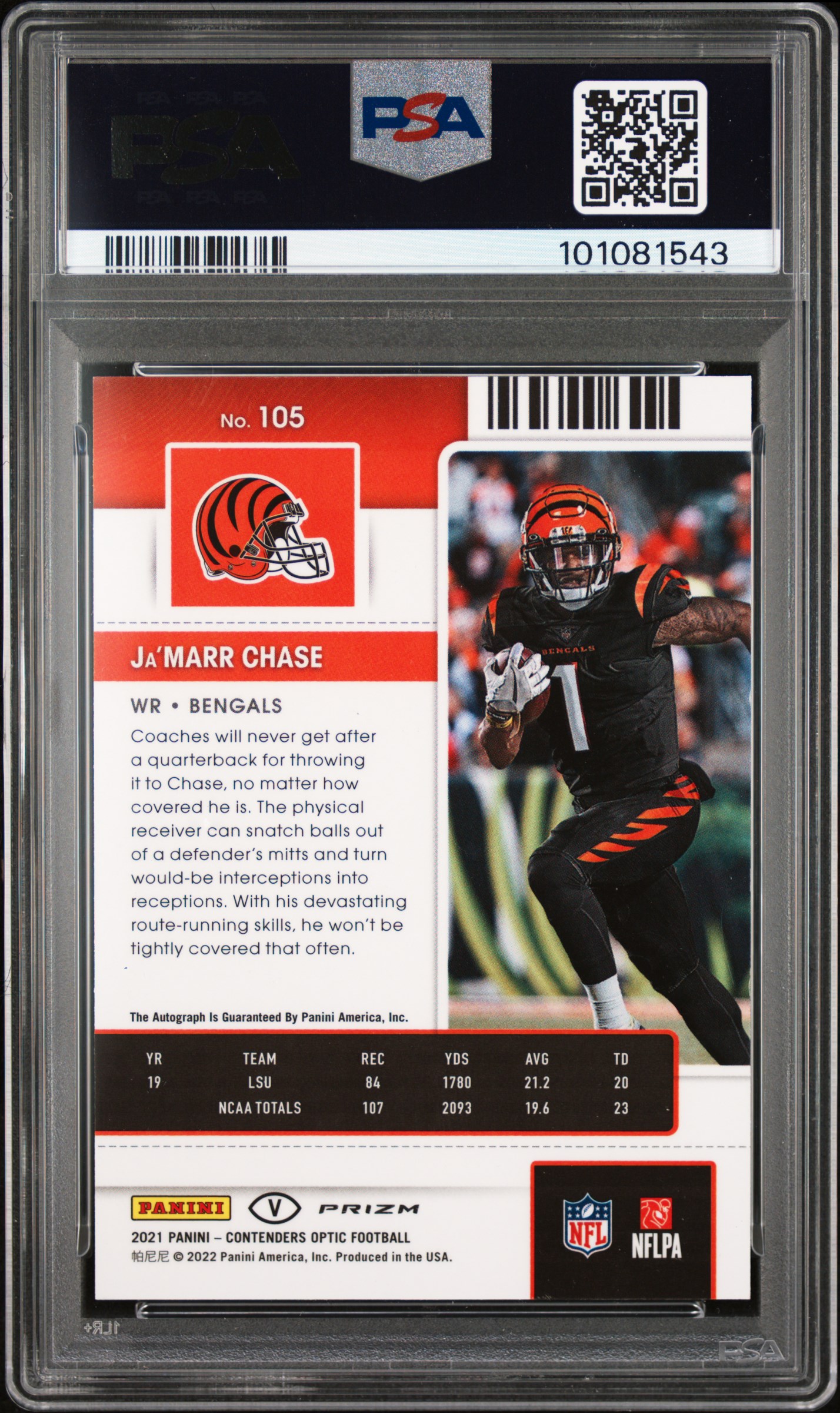 2021 Panini Contenders Optic Ja'marr Chase #105 (Variation-Auto-Silver) Mint 9 back