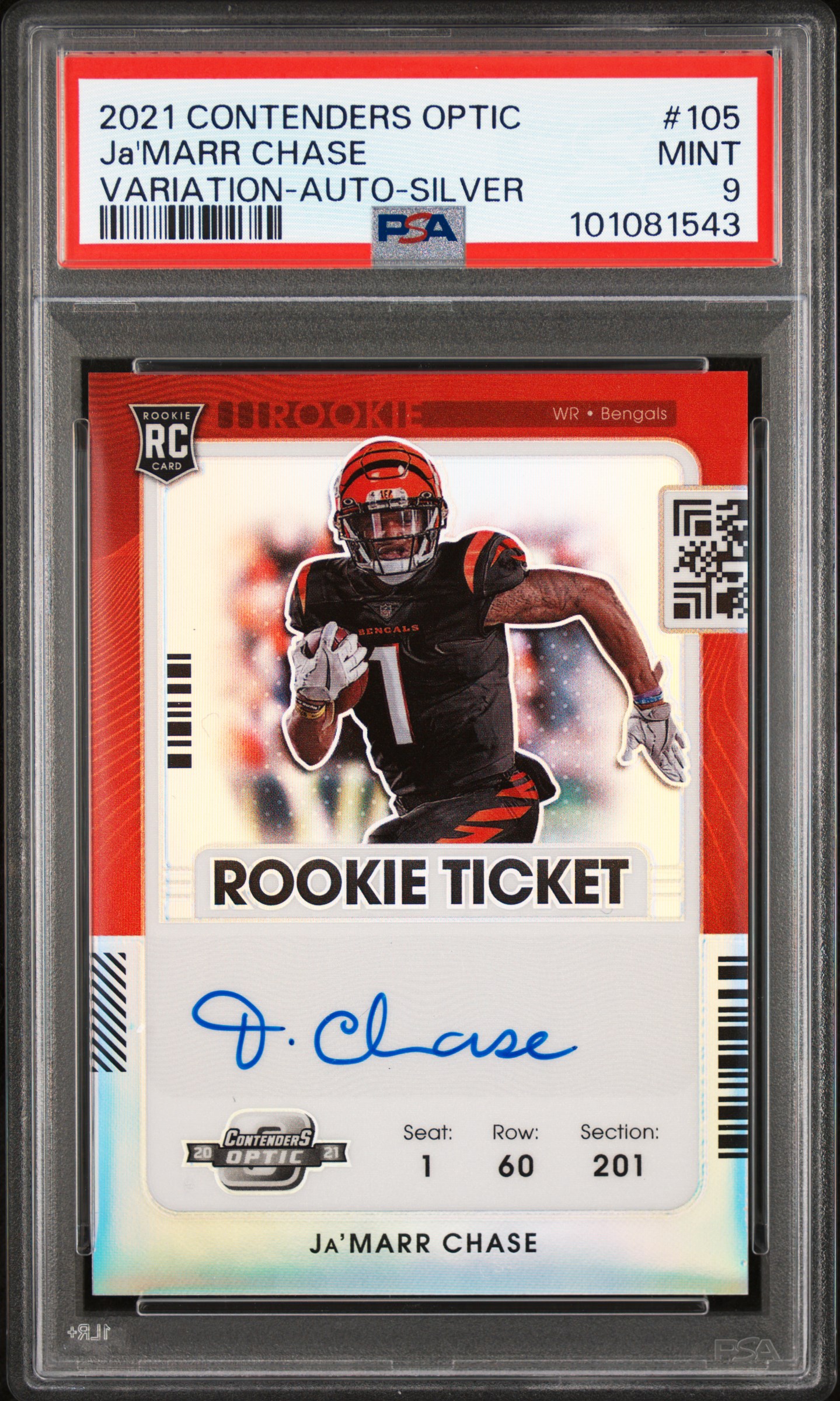 2021 Panini Contenders Optic Ja'marr Chase #105 (Variation-Auto-Silver) Mint 9 front
