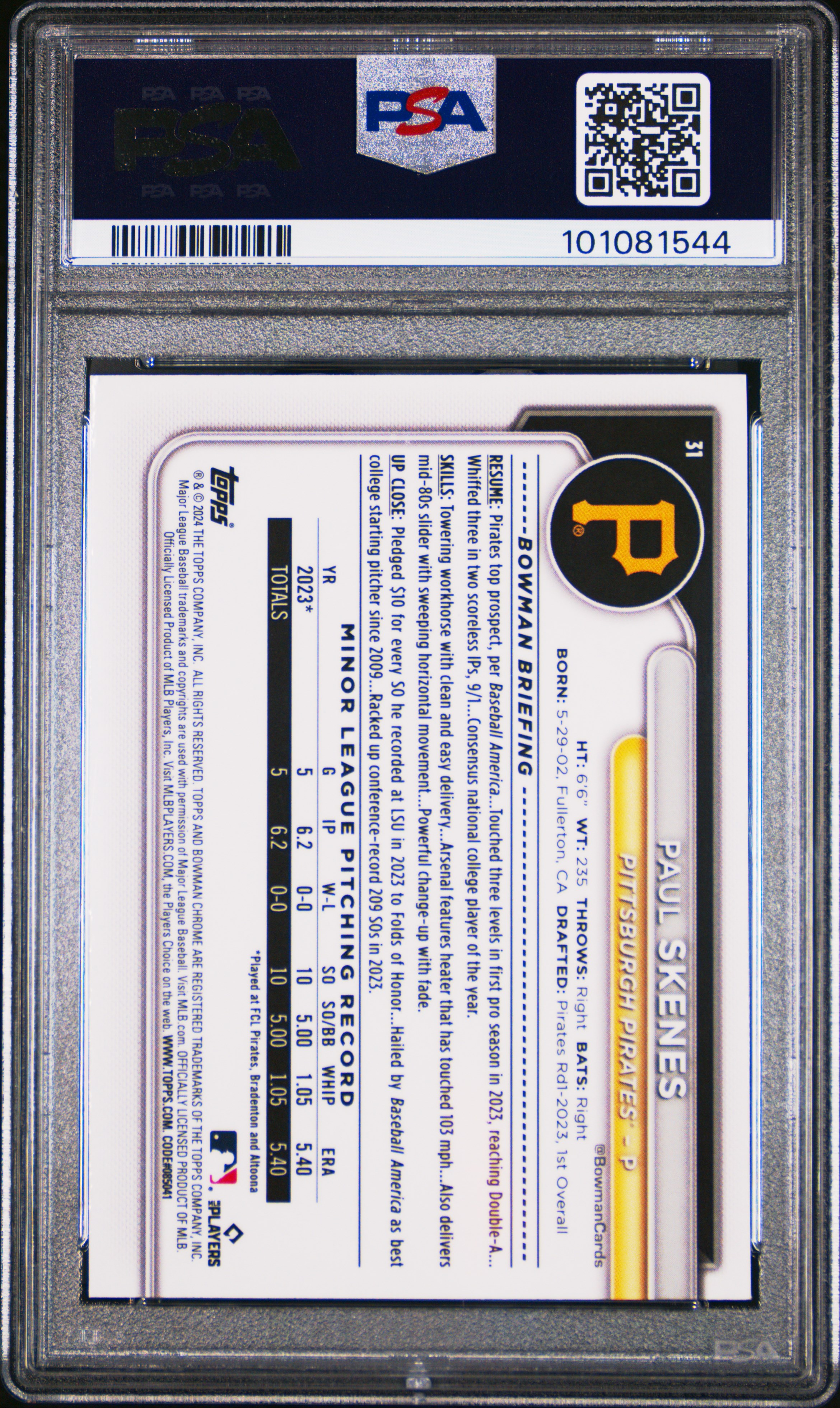 2024 Bowman Chrome Paul Skenes #31 Mint 9 back