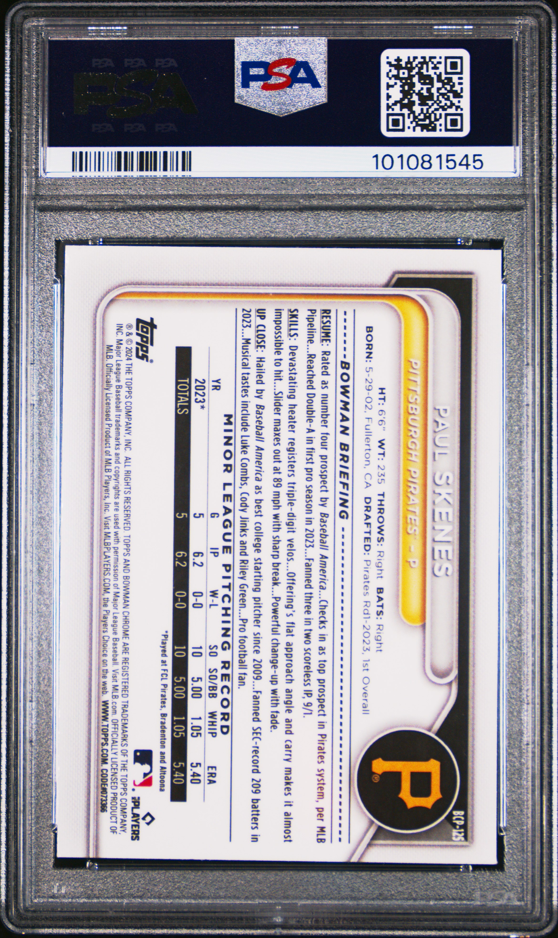 2024 Bowman Mega Box Chrome Prospects Paul Skenes #125 Nm-Mt 8 back