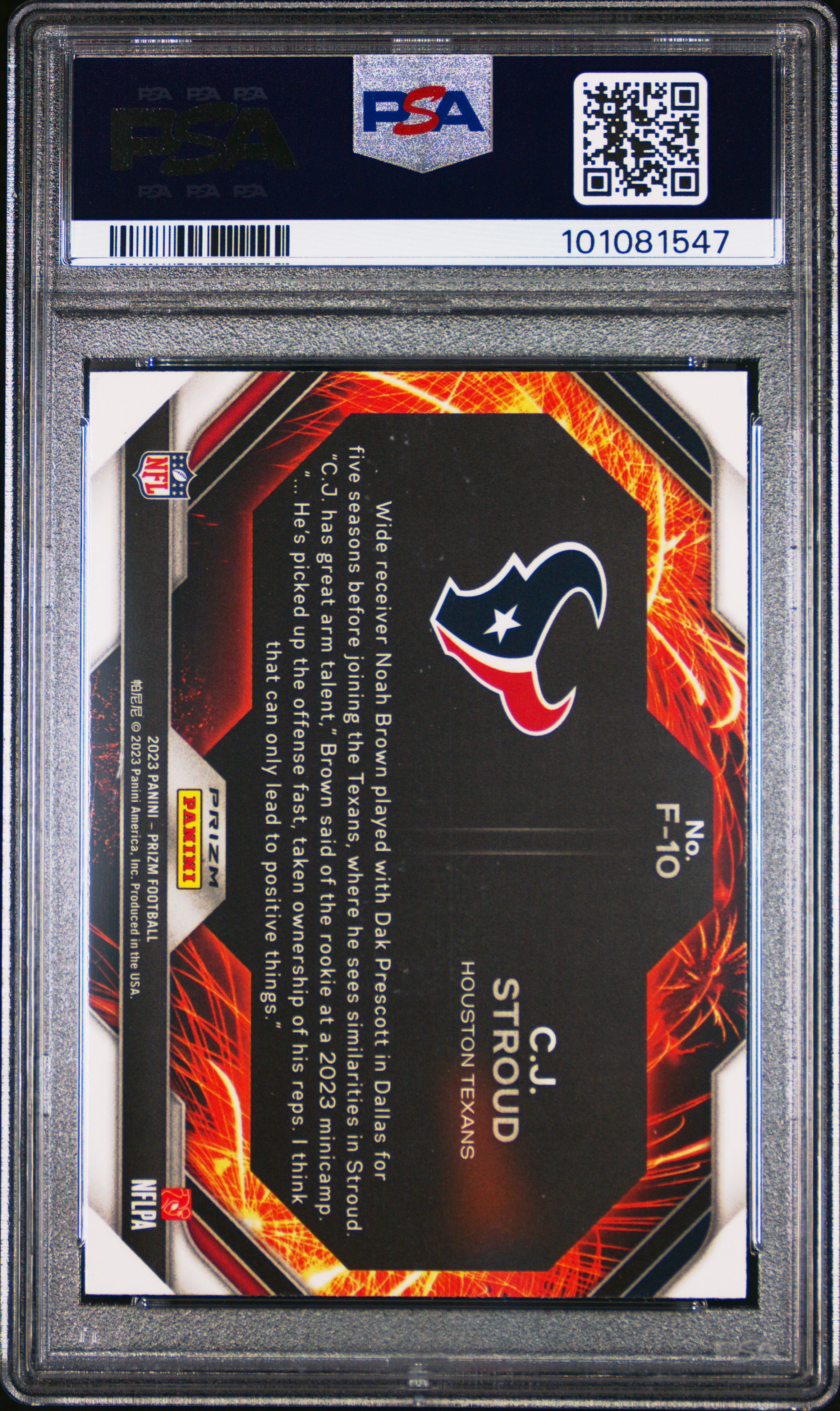 2023 Panini Prizm Fireworks Cj Stroud #F10 (Fireworks-Green Prizm) Gem Mt 10 back