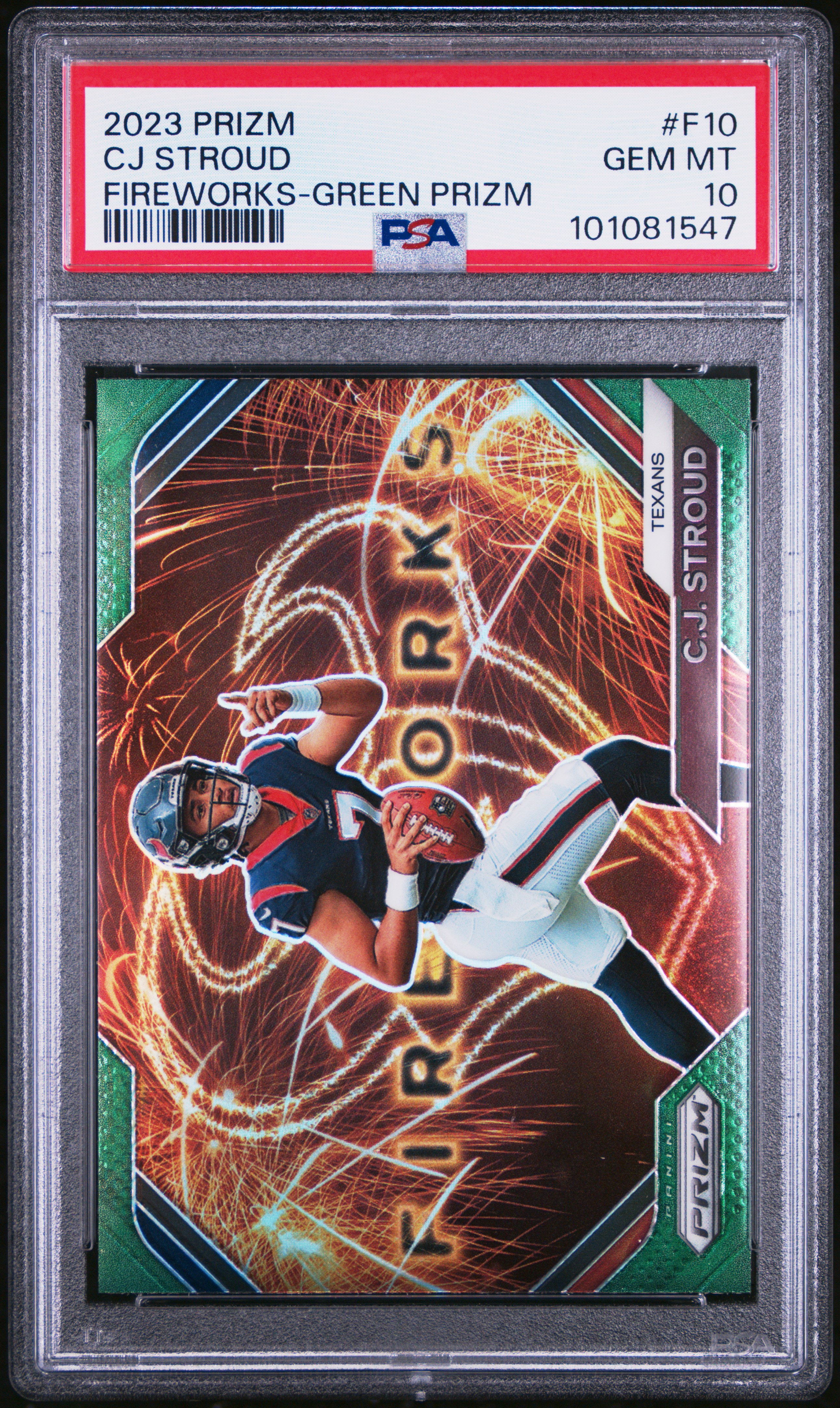2023 Panini Prizm Fireworks Cj Stroud #F10 (Fireworks-Green Prizm) Gem Mt 10 front