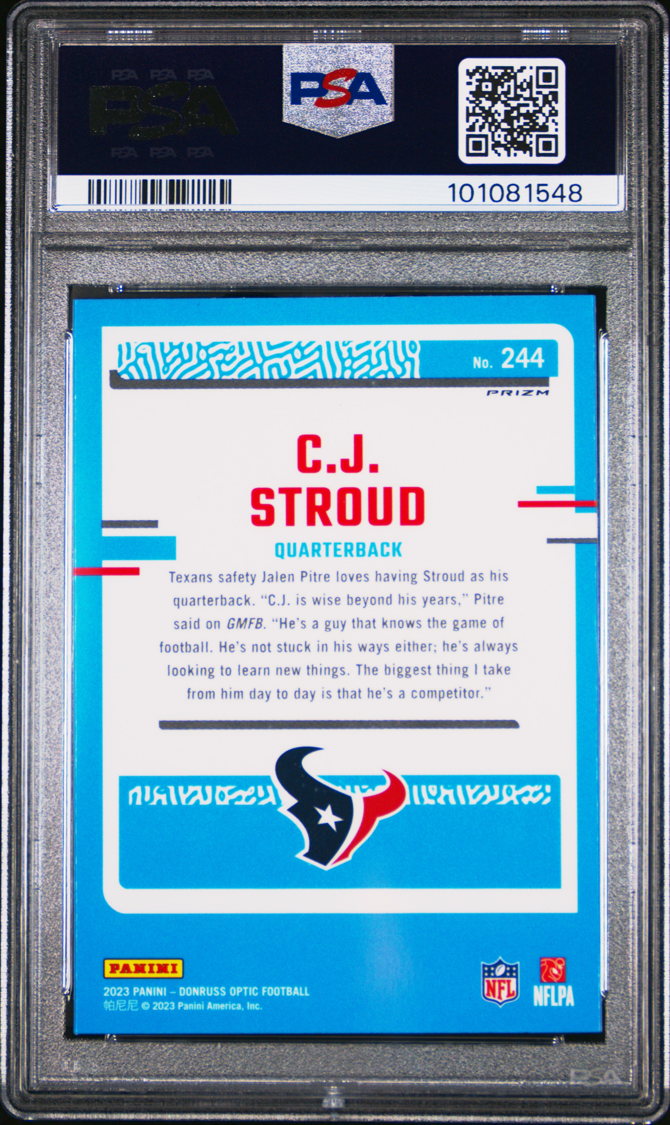 2023 Panini Donruss Optic Cj Stroud #244 (Blue Hyper) Gem Mt 10 back