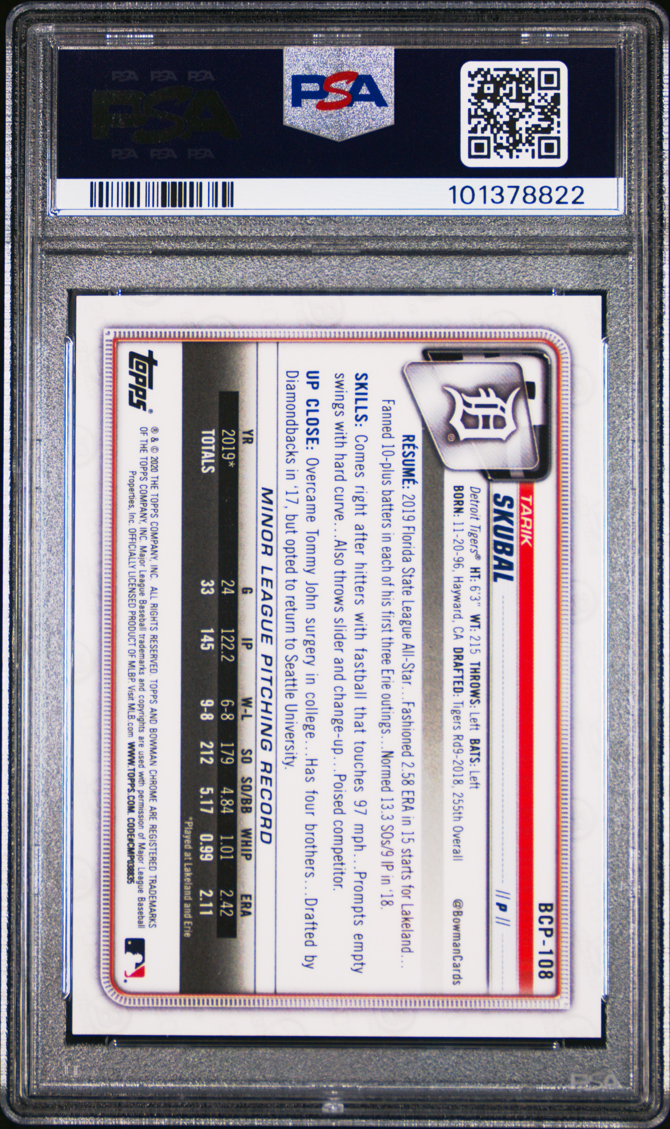 2020 Bowman Chrome Mega Box Tarik Skubal #Bcp108 (Mega Box-Blue Ref.) Mint 9 back