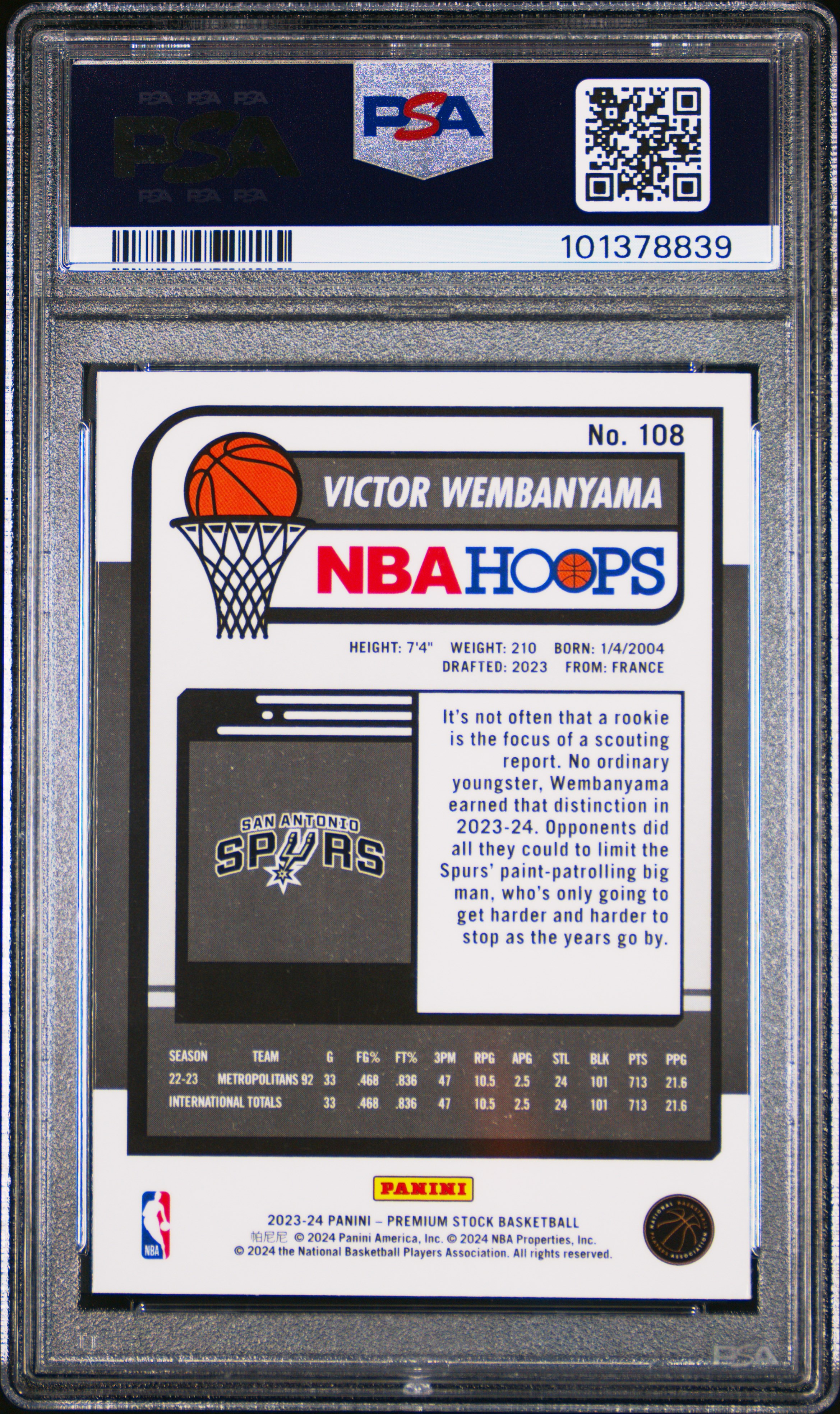 2023 Panini Hoops Premium Stock Victor Wembanyama #108 Mint 9 back