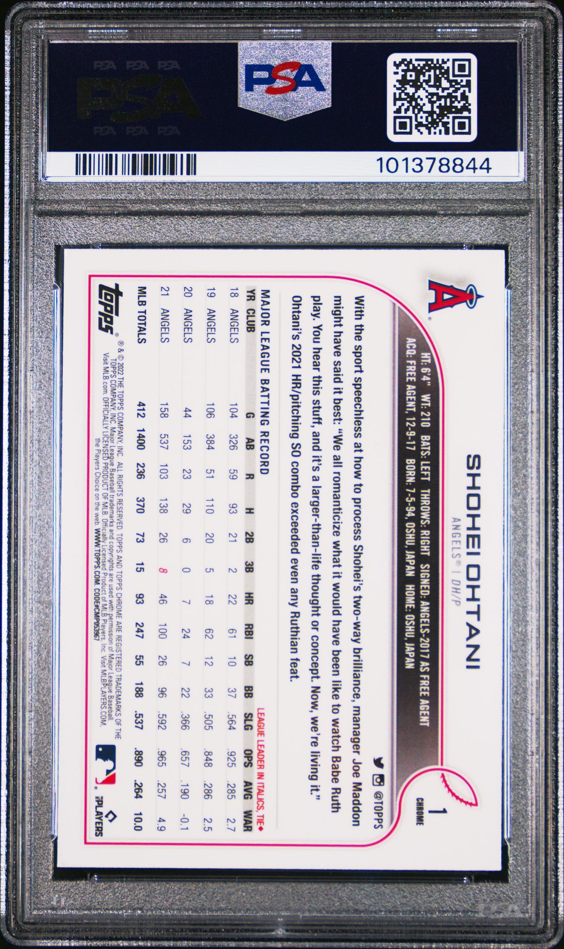 2022 Topps Chrome Shohei Ohtani #1 (Sepia Refractor) Gem Mt 10 back