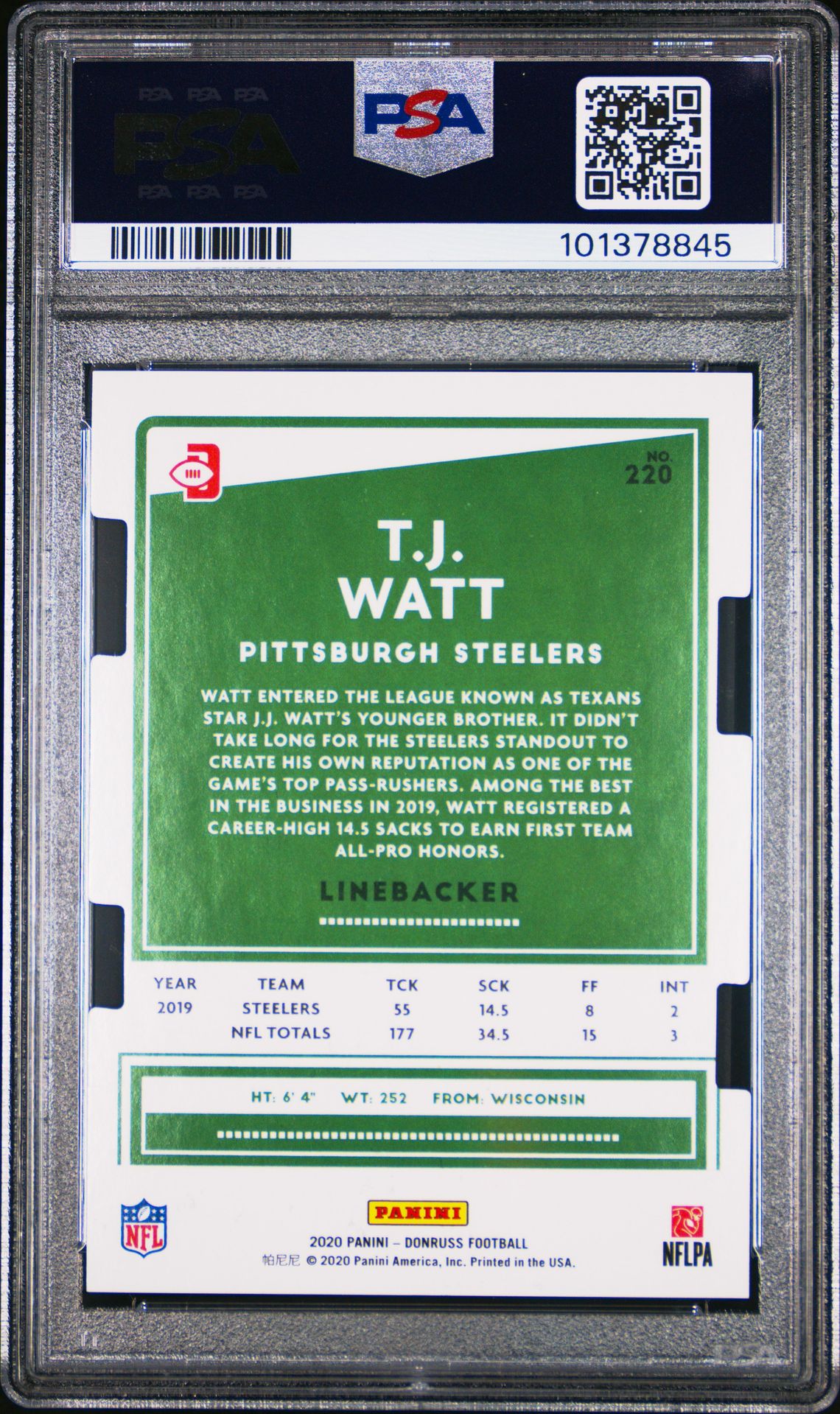 2020 Panini Donruss T.j. Watt #220 (Sp-Gold Press Proof D/C) Gem Mt 10 back