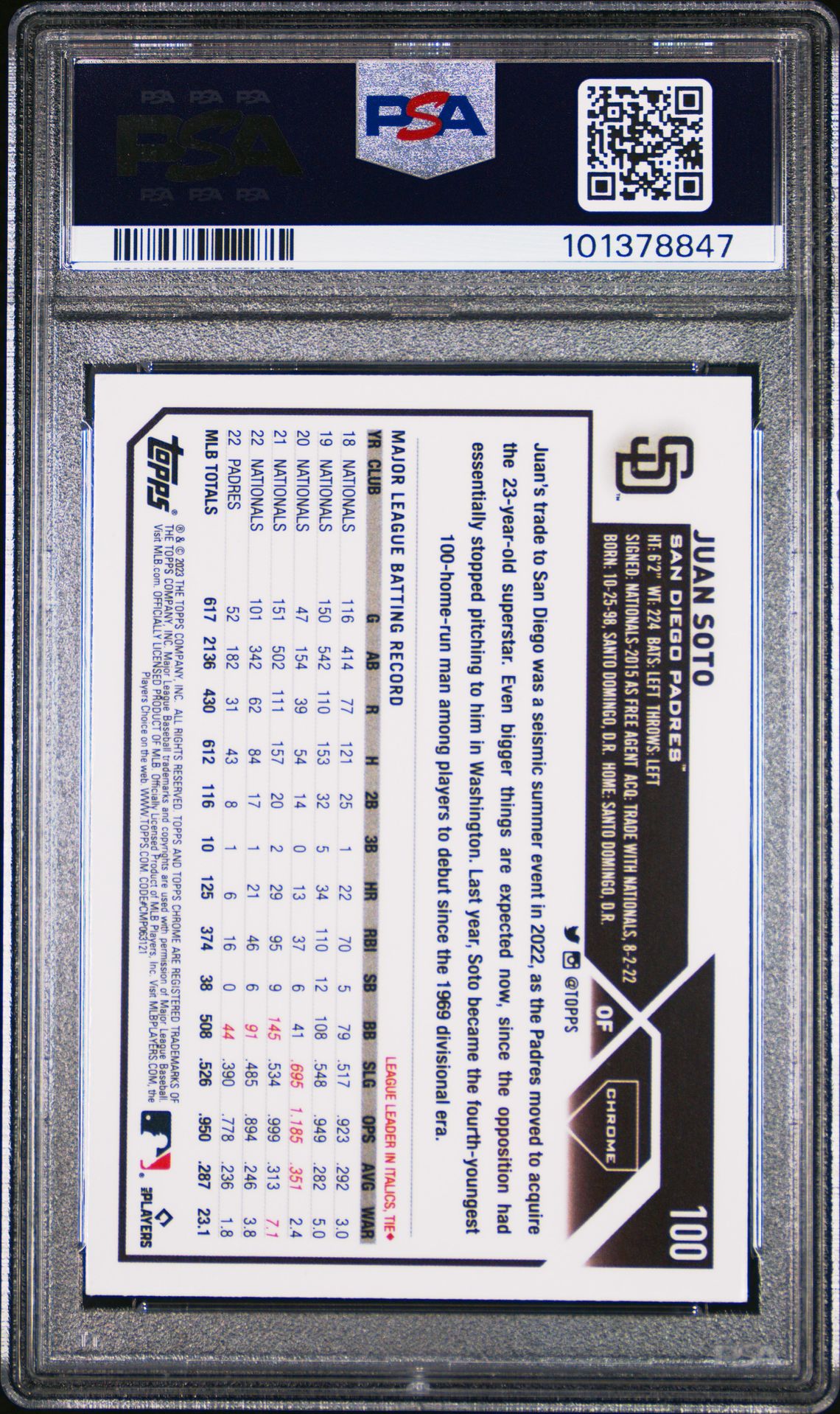 2023 Topps Chrome Juan Soto #100 (X-Fractor) Gem Mt 10 back